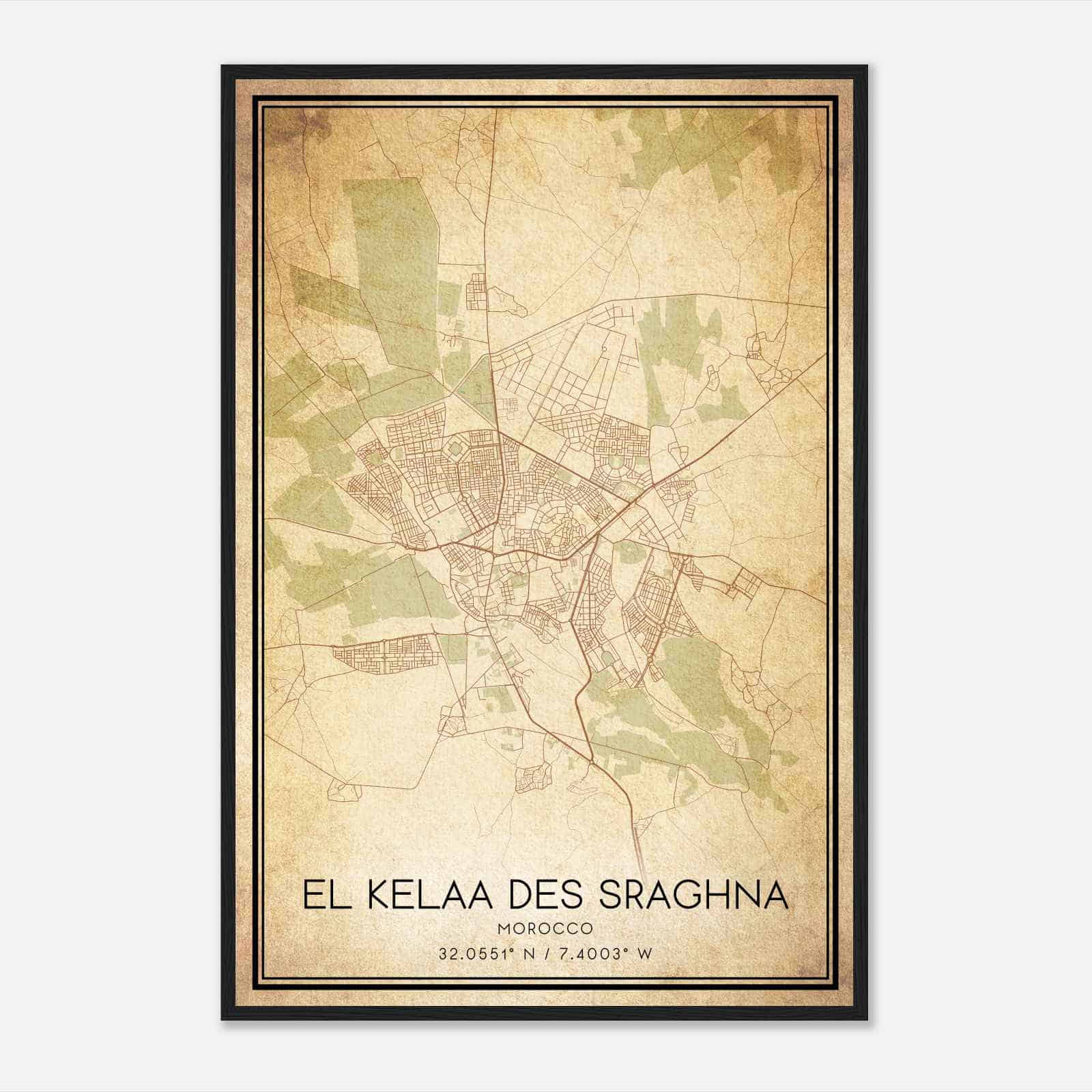 Vintage El Kelaa des Sraghna Morocco Map Poster, El Kelaa des Sraghna City Road Wall Art Print