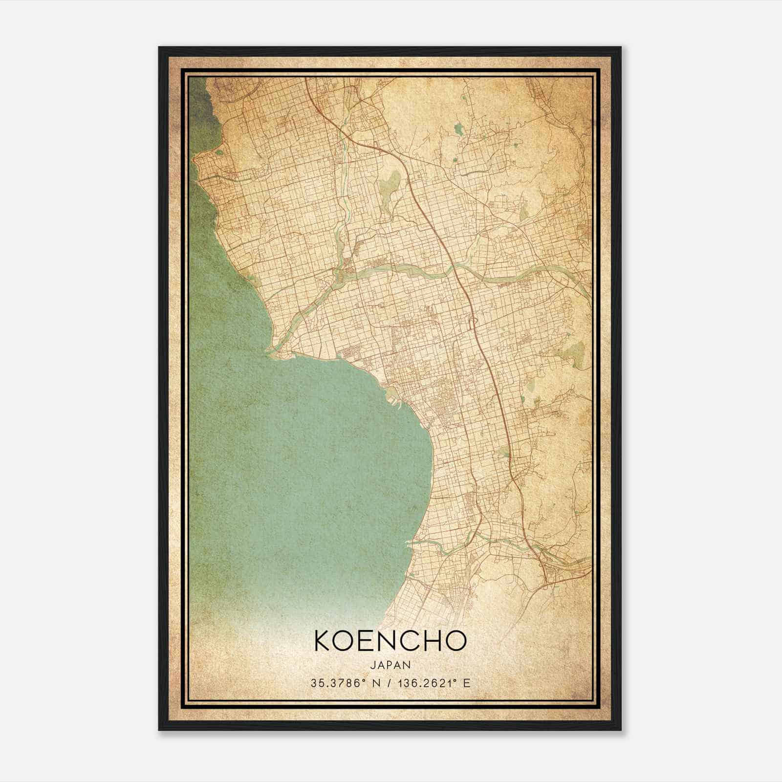 Vintage Koencho Japan Map Poster, Koencho City Road Wall Art Print