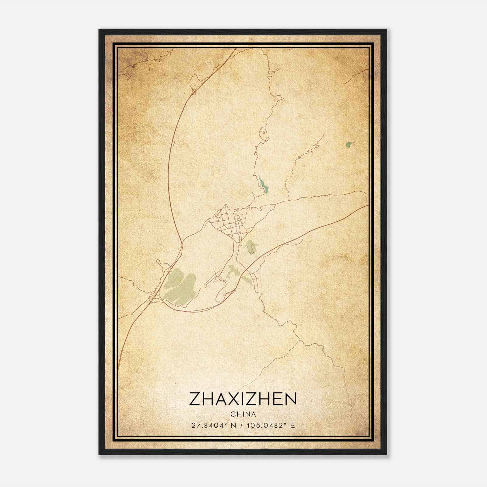 Vintage Zhaxizhen China Map Poster, Zhaxizhen City Road Wall Art Print