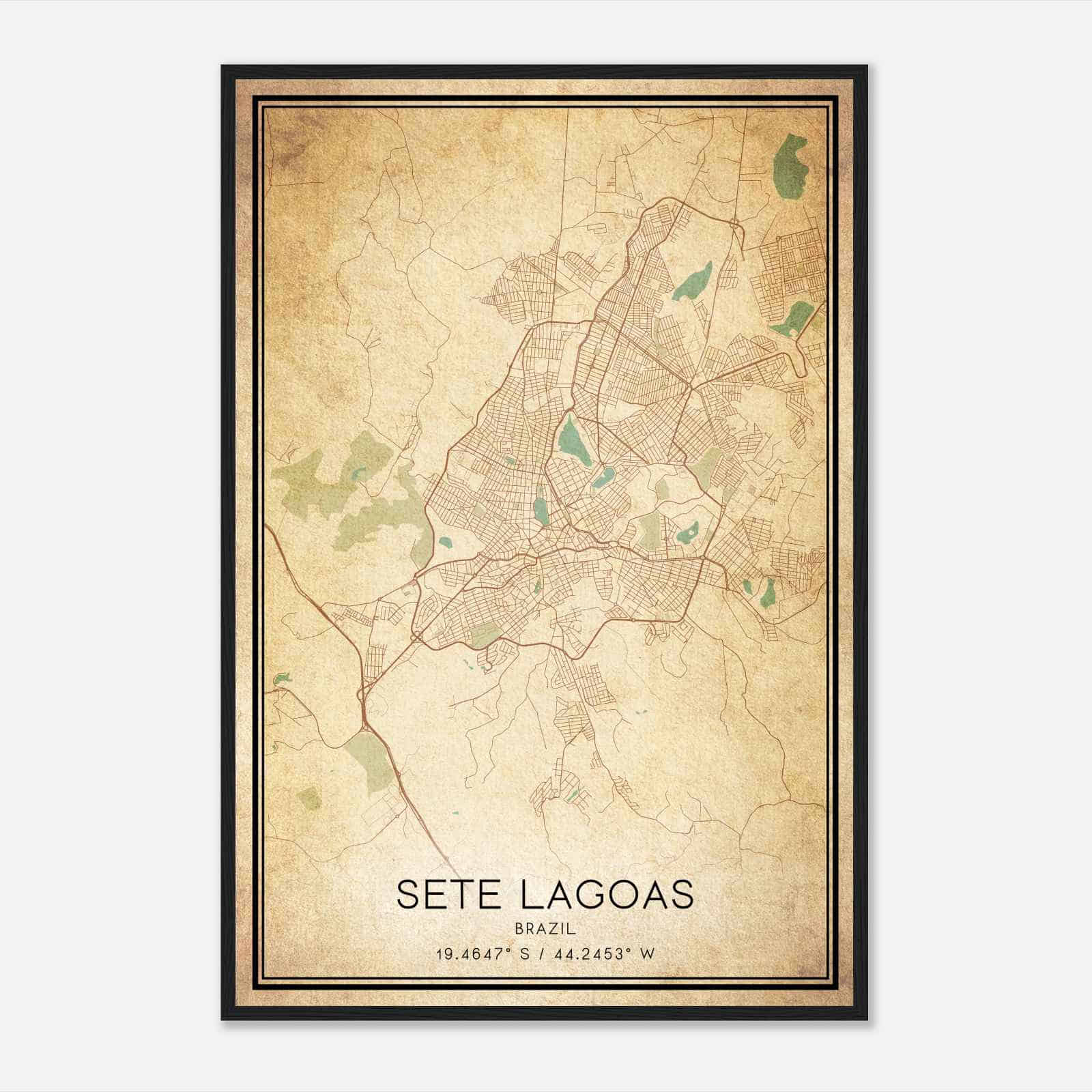 Vintage Sete Lagoas Brazil Map Poster, Sete Lagoas City Road Wall Art Print