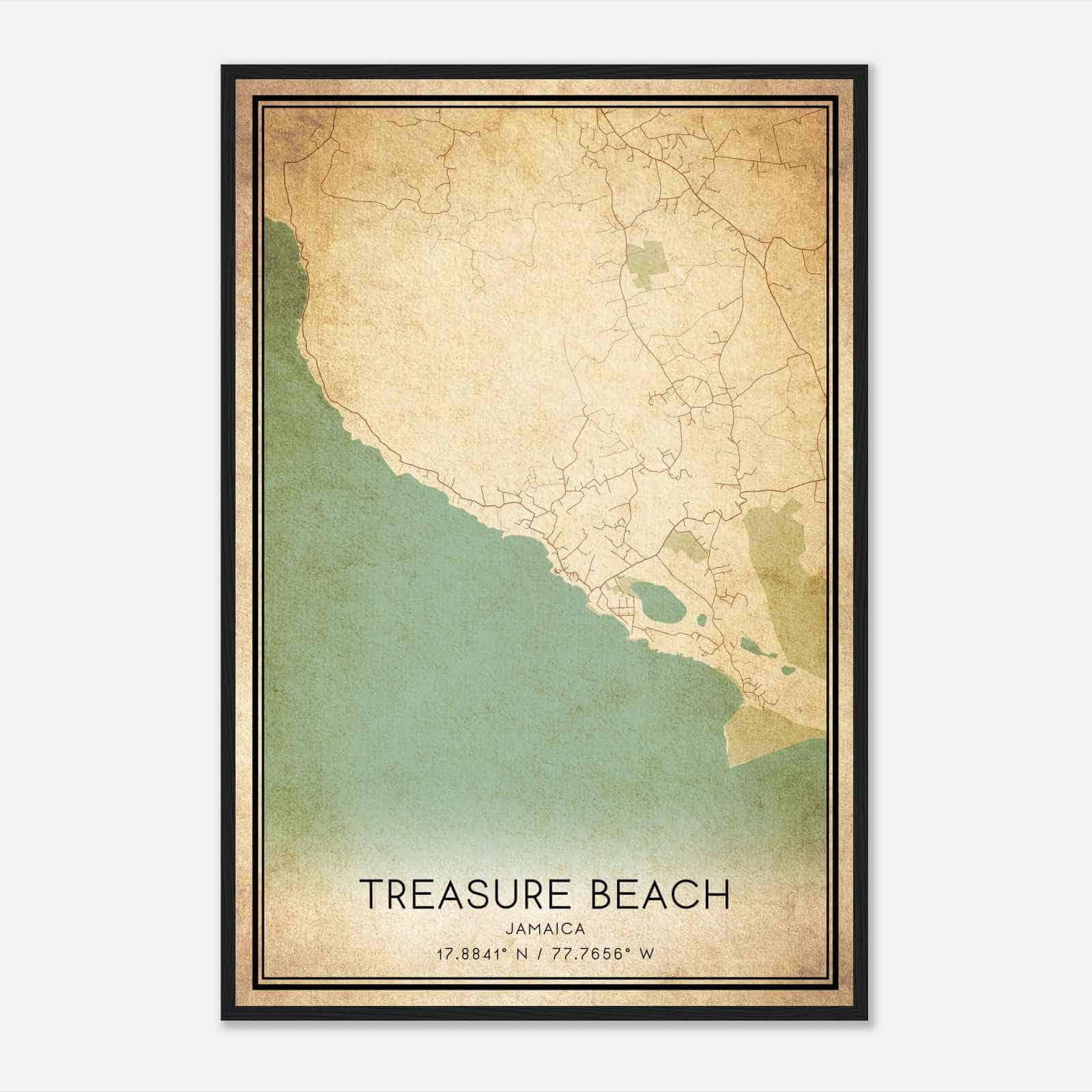 Vintage Treasure Beach Jamaica Map Poster, Treasure Beach City Road Wall Art Print