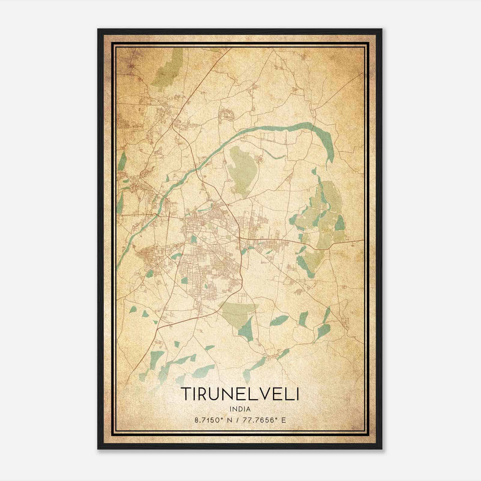 Vintage Tirunelveli India Map Poster, Tirunelveli City Road Wall Art Print