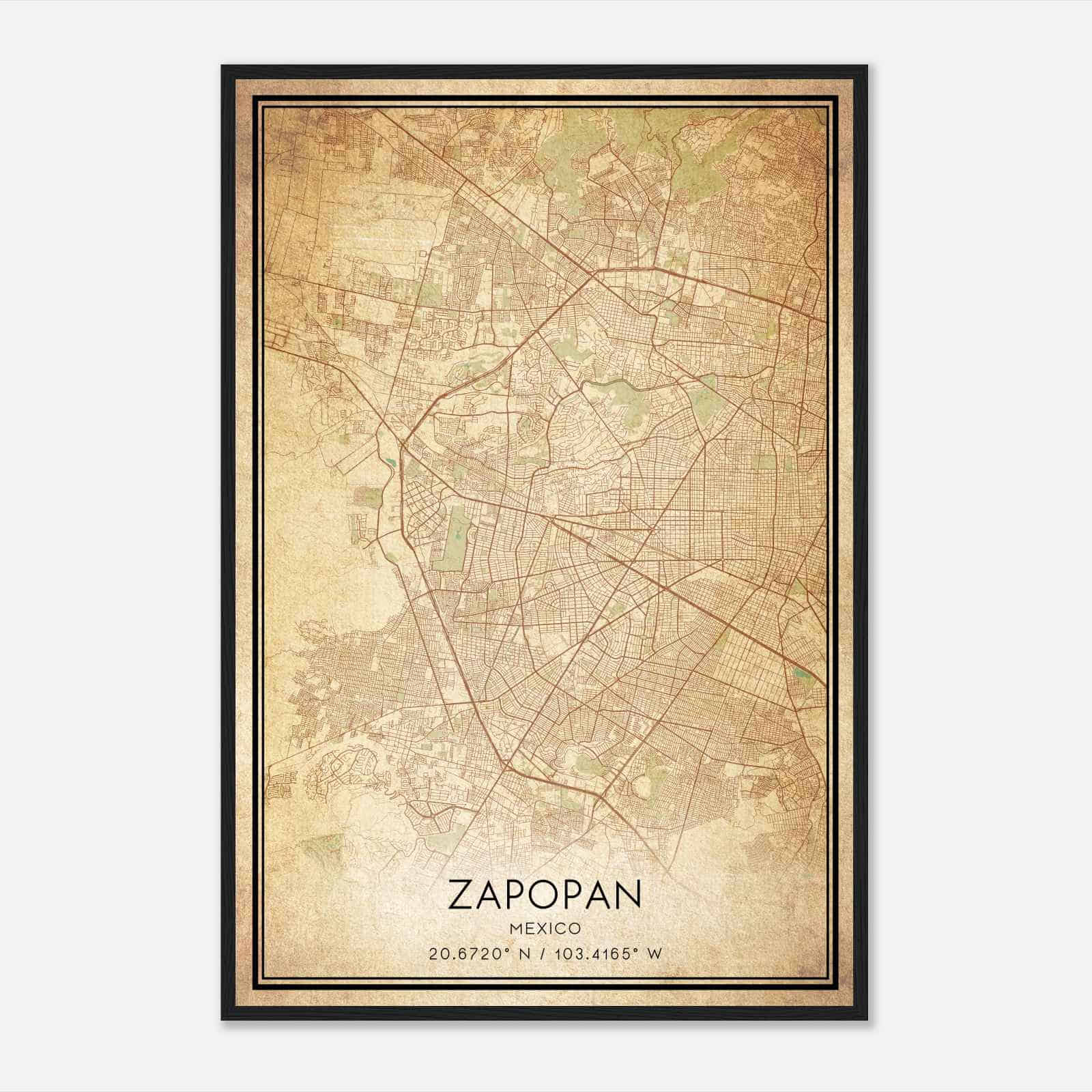 Vintage Zapopan Mexico Map Poster, Zapopan City Road Wall Art Print