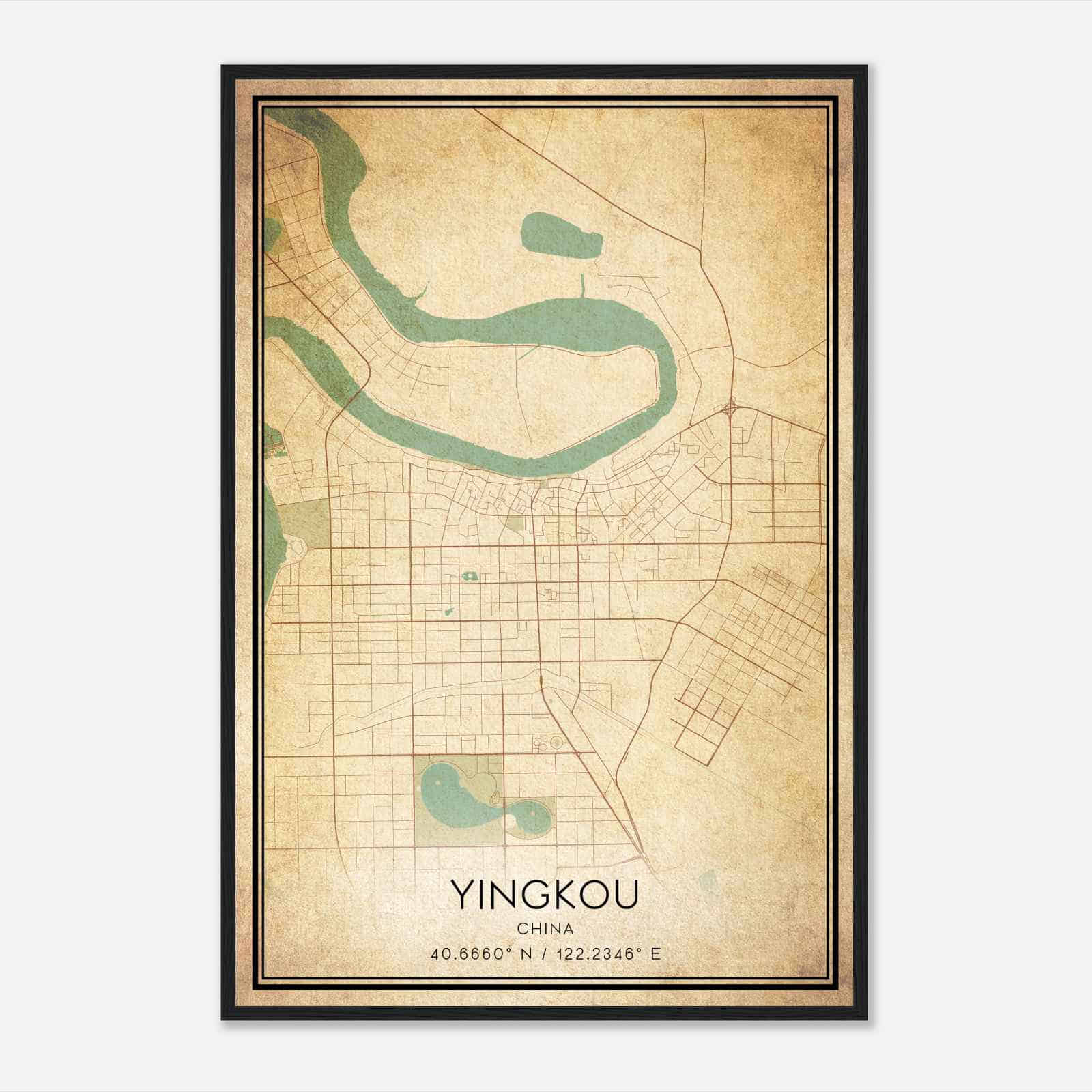 Vintage Yingkou China Map Poster, Yingkou City Road Wall Art Print