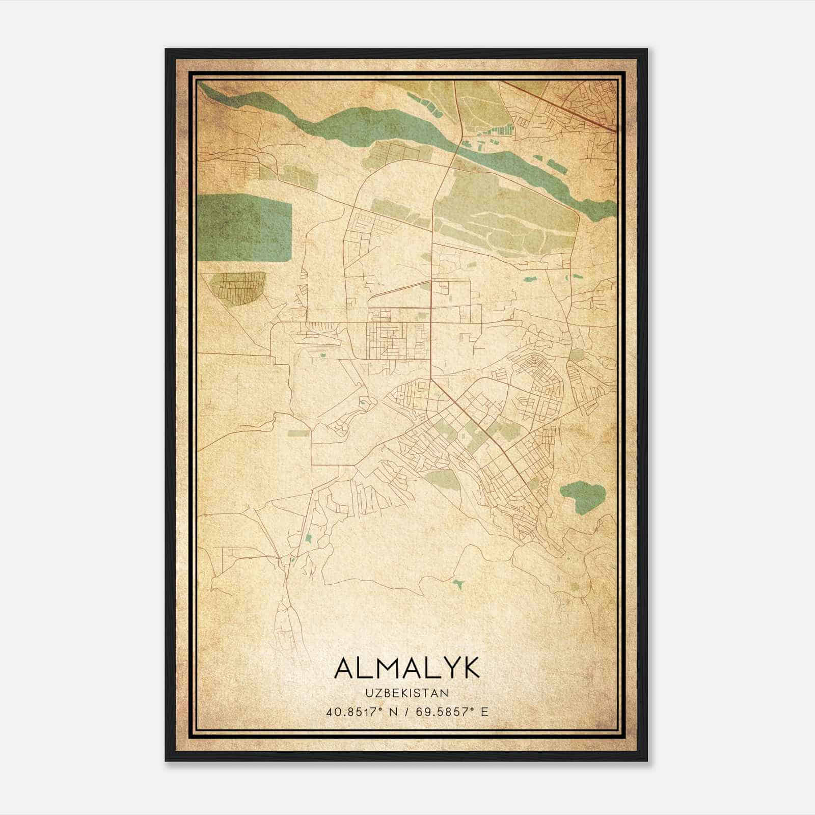 Vintage Almalyk Uzbekistan Map Poster, Almalyk City Road Wall Art Print