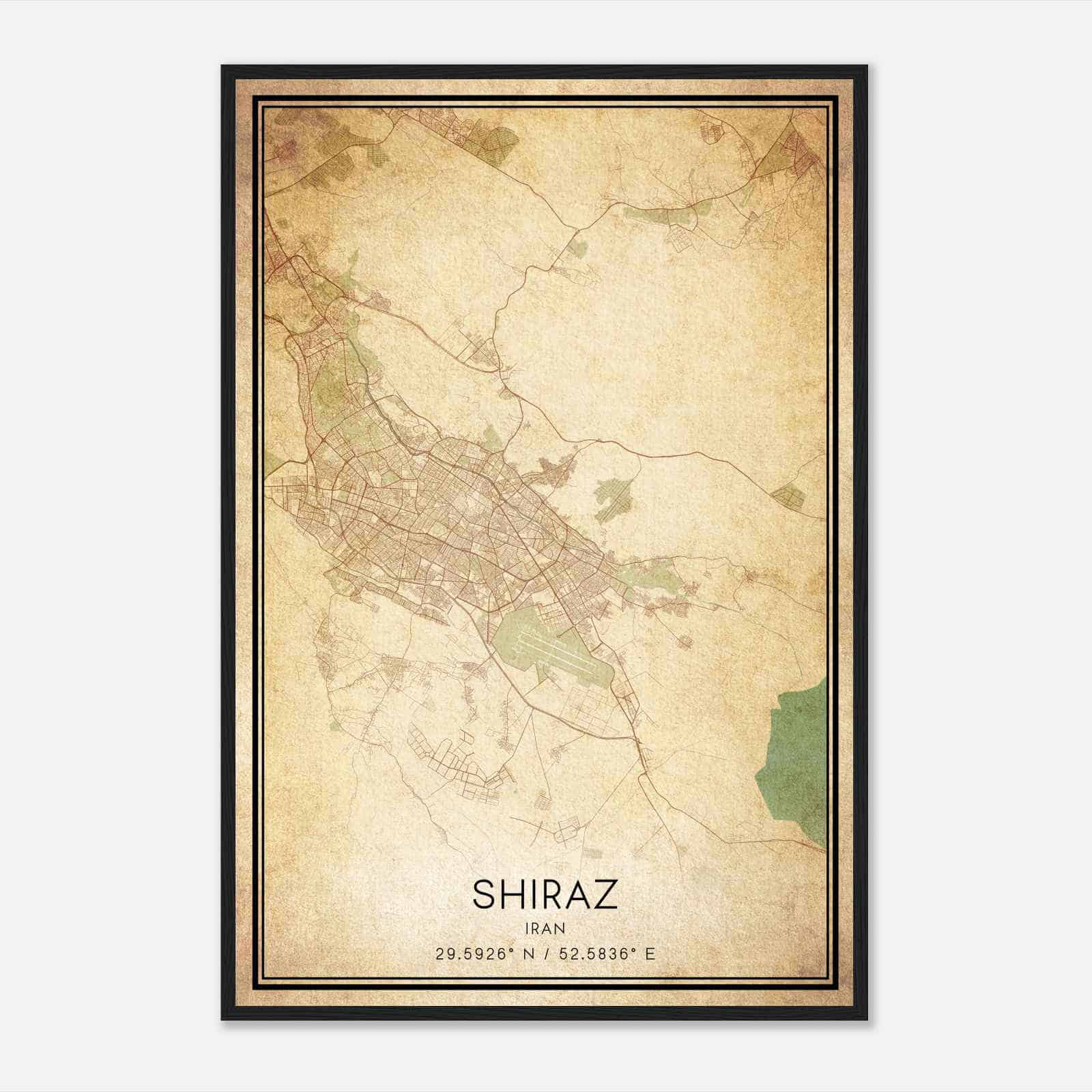 Vintage Shiraz Iran Map Poster, Shiraz City Road Wall Art Print