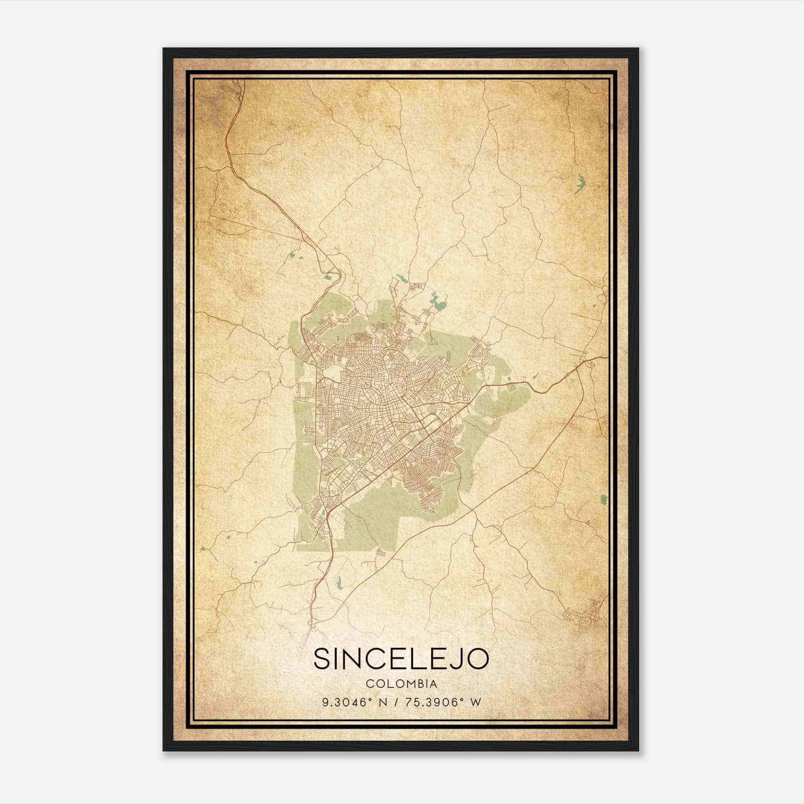 Vintage Sincelejo Colombia Map Poster, Sincelejo City Road Wall Art Print