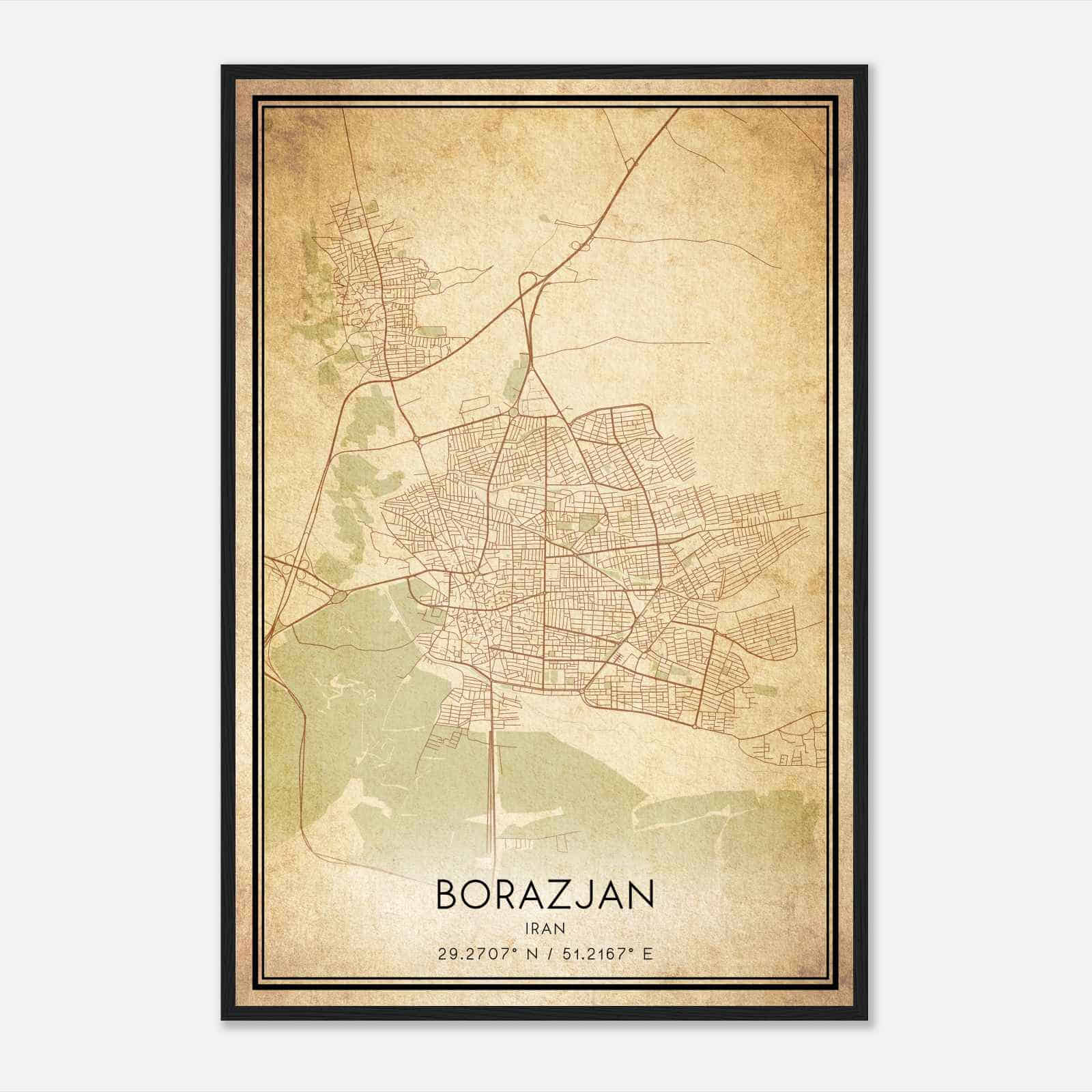 Vintage Borazjan Iran Map Poster, Borazjan City Road Wall Art Print