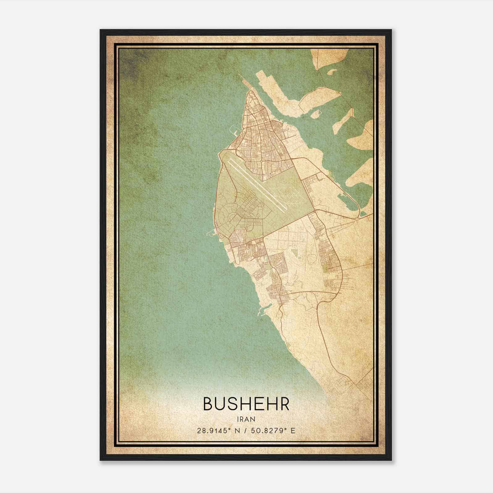 Vintage Bushehr Iran Map Poster, Bushehr City Road Wall Art Print