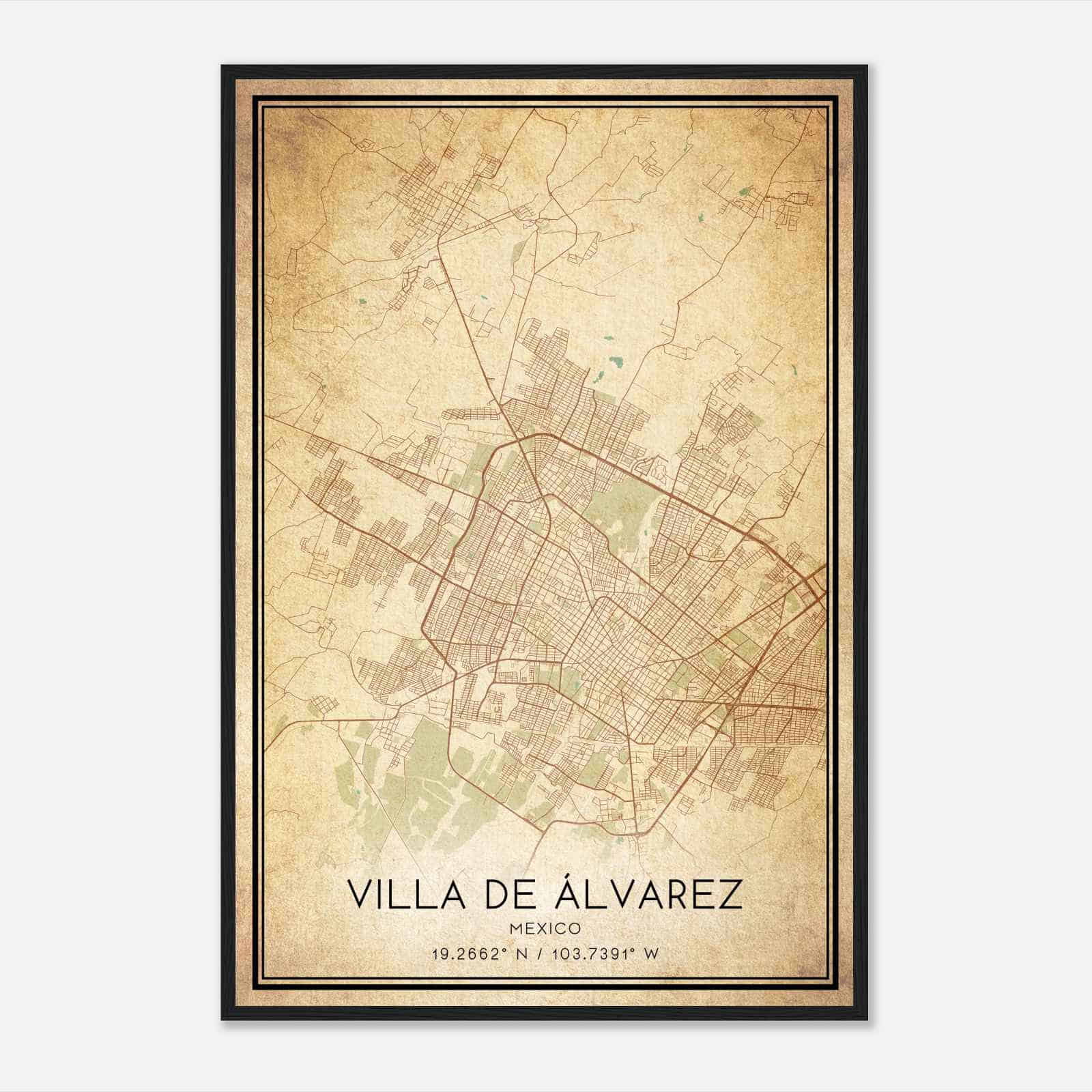 Vintage Villa de Alvarez Mexico Map Poster, Villa de Alvarez City Road Wall Art Print