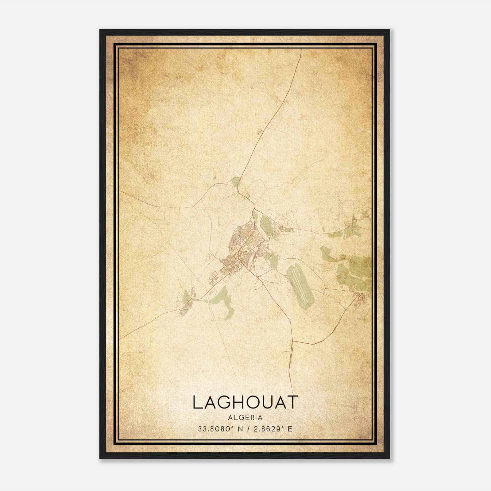 Vintage Laghouat Algeria Map Poster, Laghouat City Road Wall Art Print