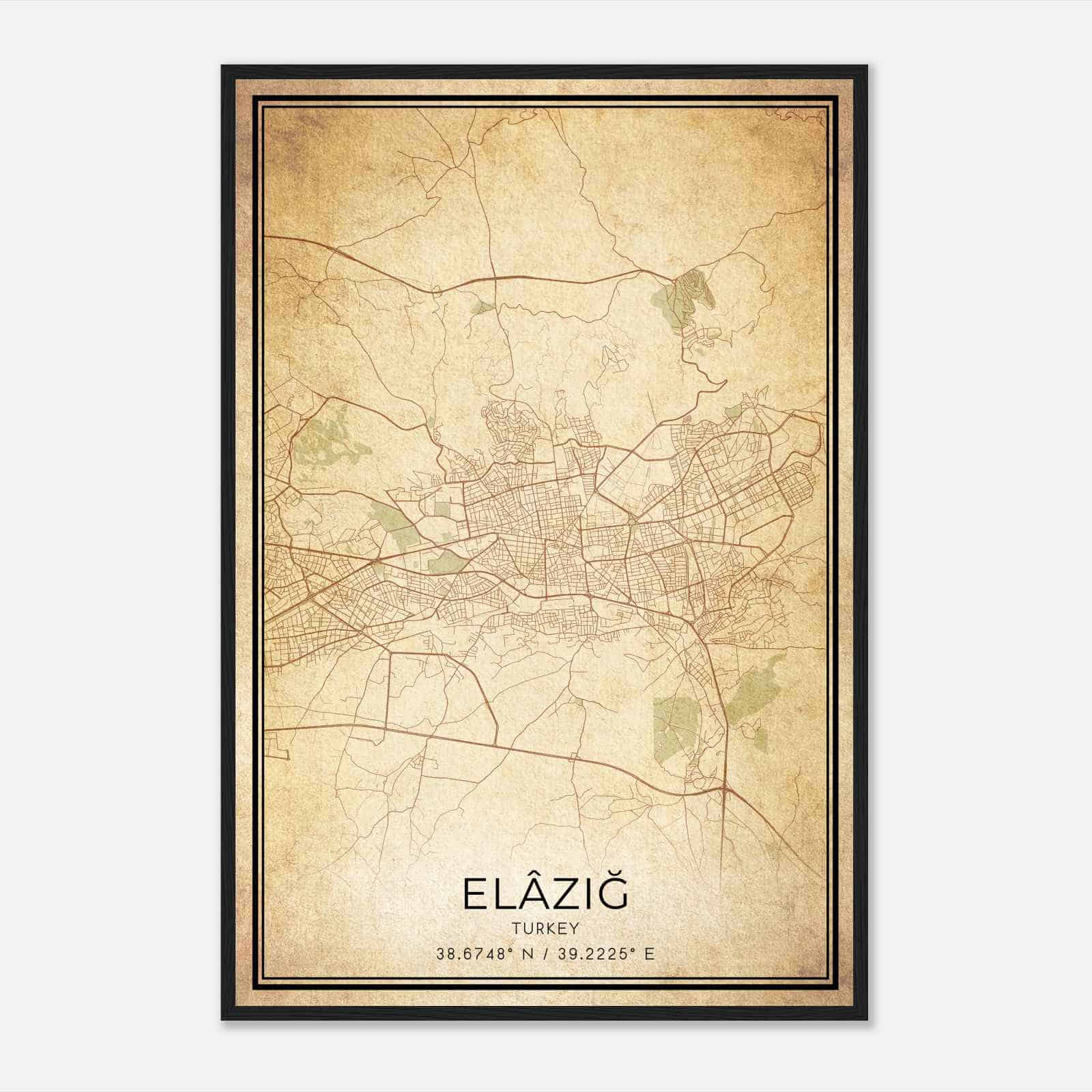 Vintage Elazig Turkey Map Poster, Elazig City Road Wall Art Print
