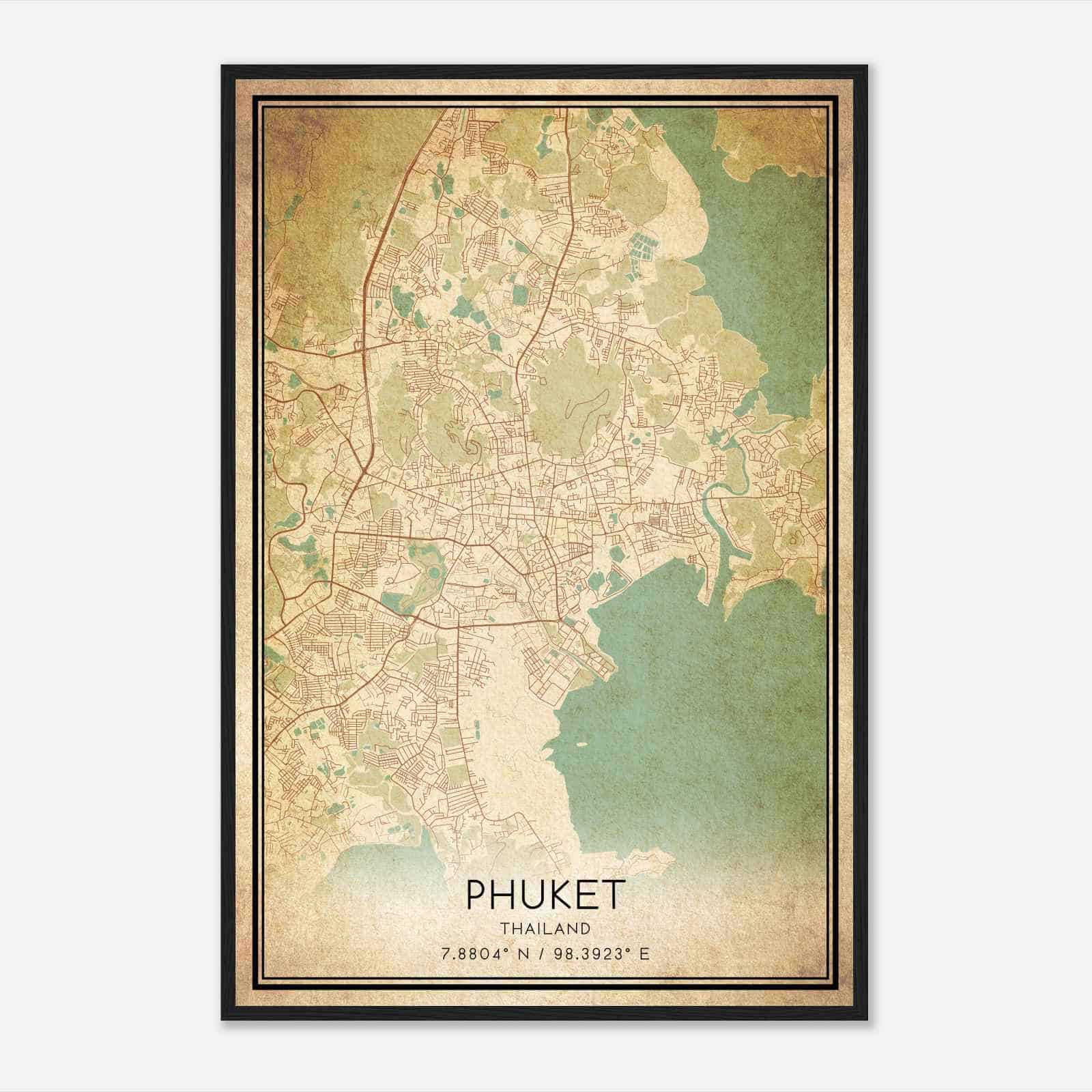 Vintage Phuket Thailand Map Poster, Phuket City Road Wall Art Print