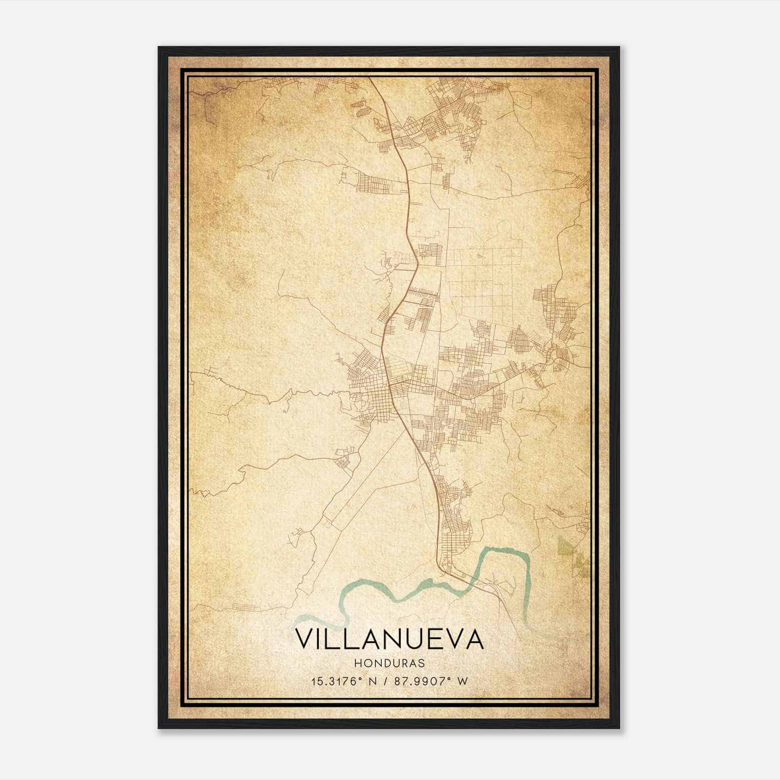 Vintage Villanueva Honduras Map Poster, Villanueva City Road Wall Art Print