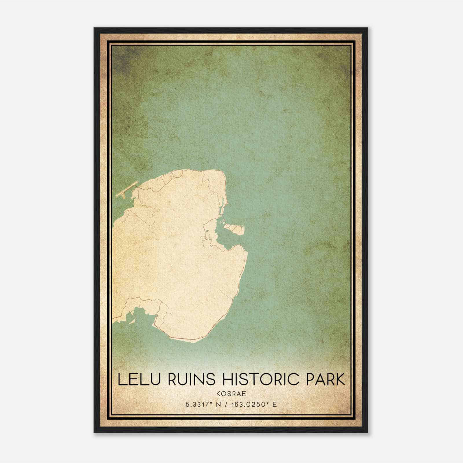 Vintage Lelu Ruins Historic Park Kosrae Map Poster, Lelu Ruins Historic Park City Road Wall Art Print