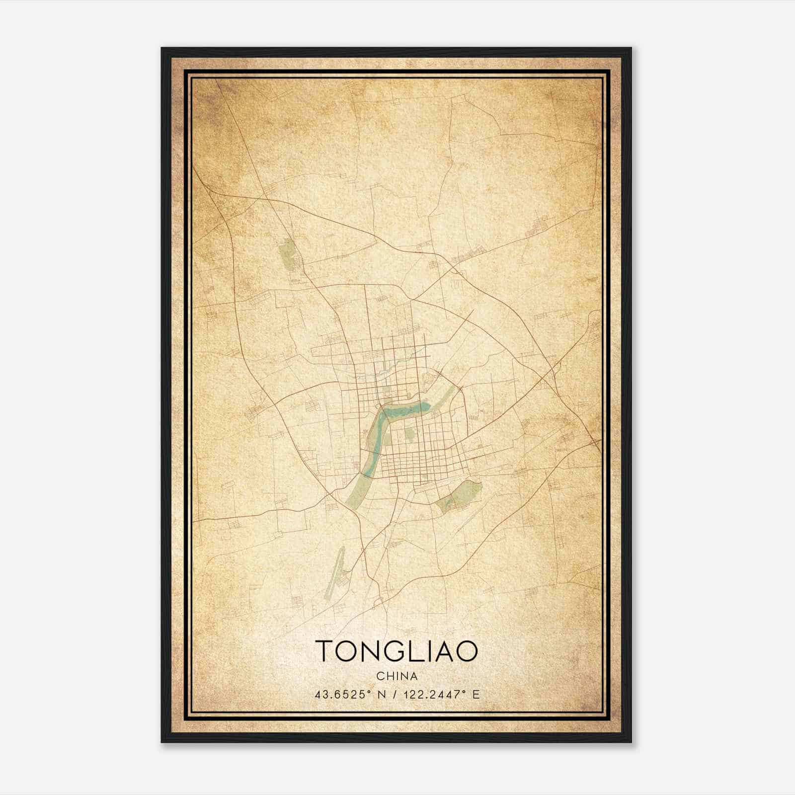 Vintage Tongliao China Map Poster, Tongliao City Road Wall Art Print