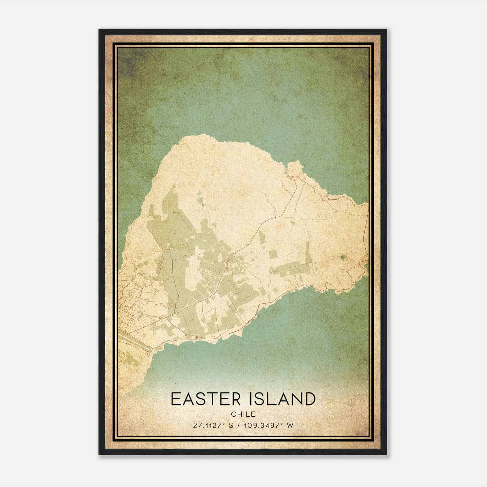 Vintage Easter Island Chile Map Poster, Easter Island City Road Wall Art Print