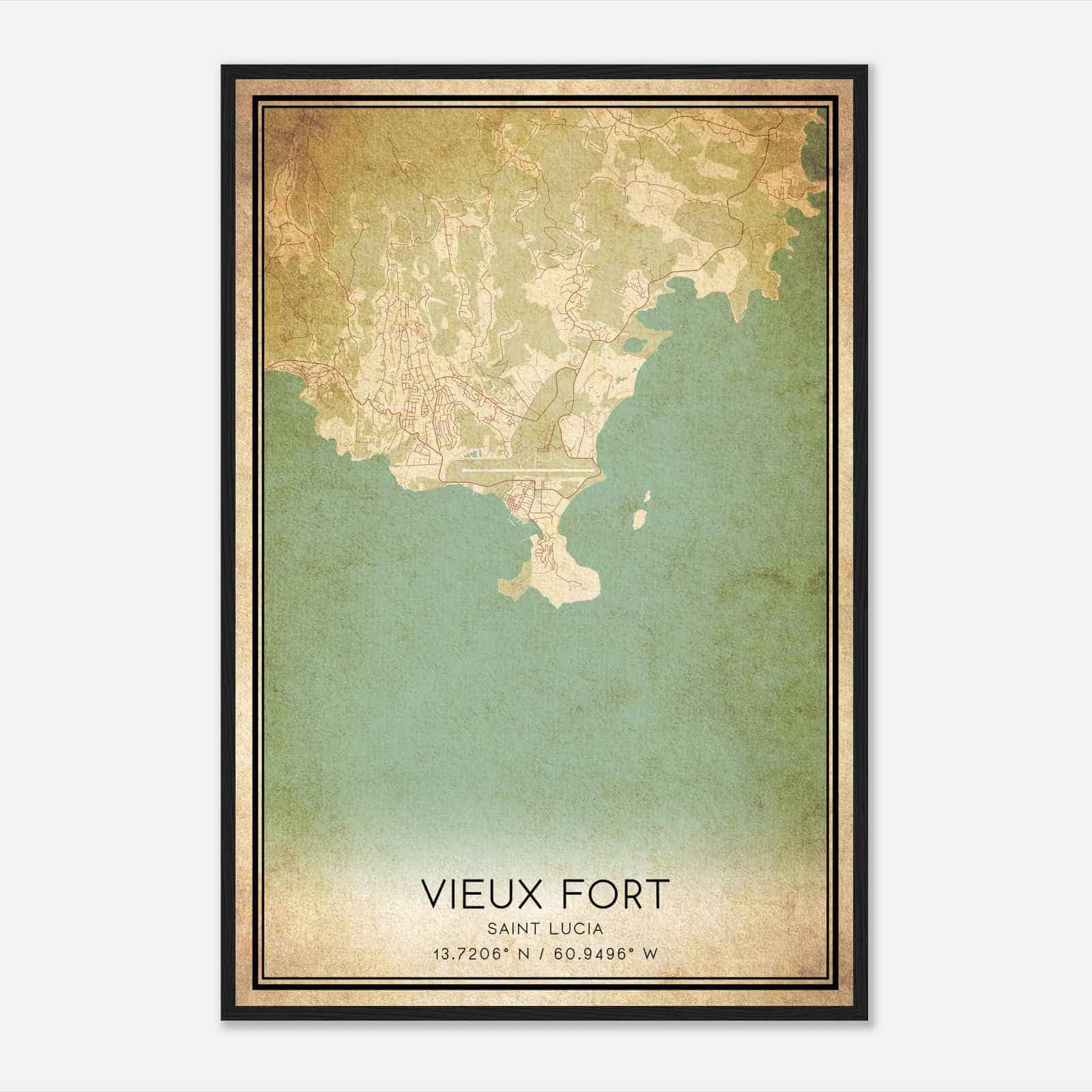 Vintage Vieux Fort Saint Lucia Map Poster, Vieux Fort City Road Wall Art Print