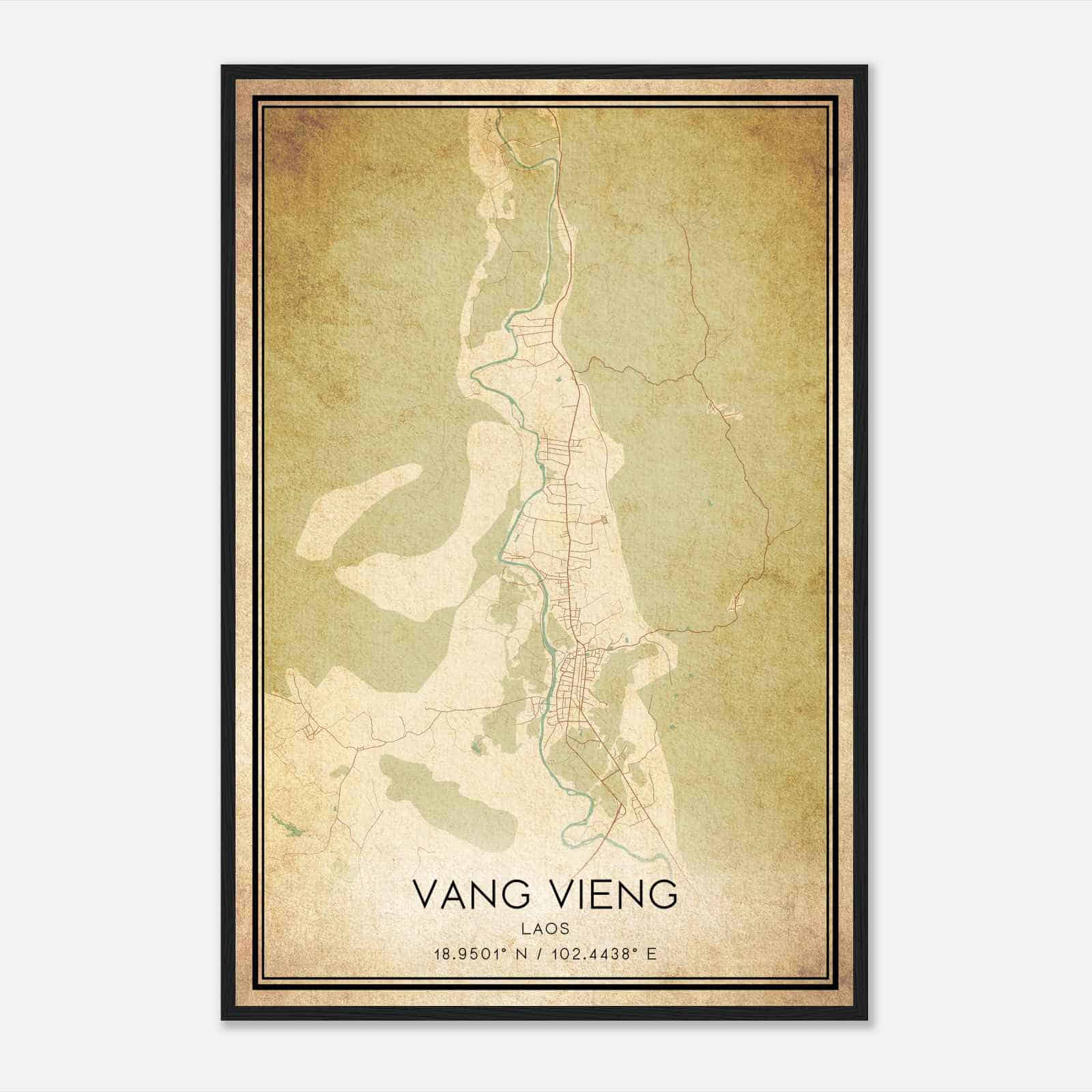 Vintage Vang Vieng Laos Map Poster, Vang Vieng City Road Wall Art Print