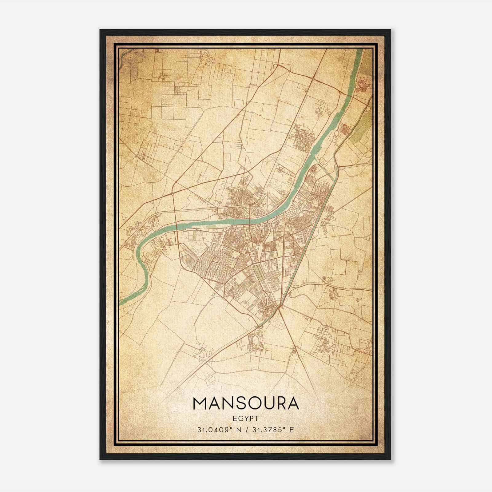 Vintage Mansoura Egypt Map Poster, Mansoura City Road Wall Art Print
