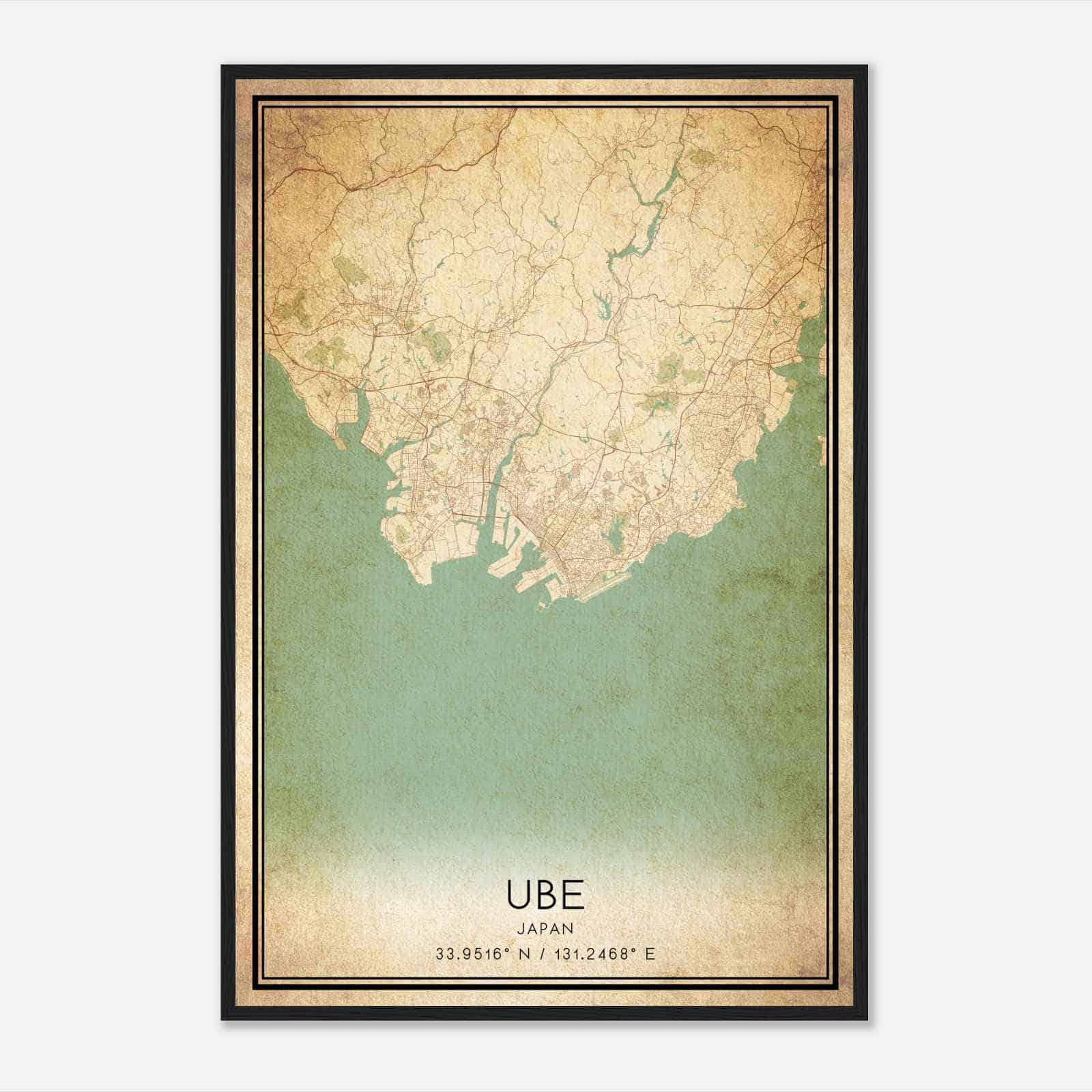 Vintage Ube Japan Map Poster, Ube City Road Wall Art Print
