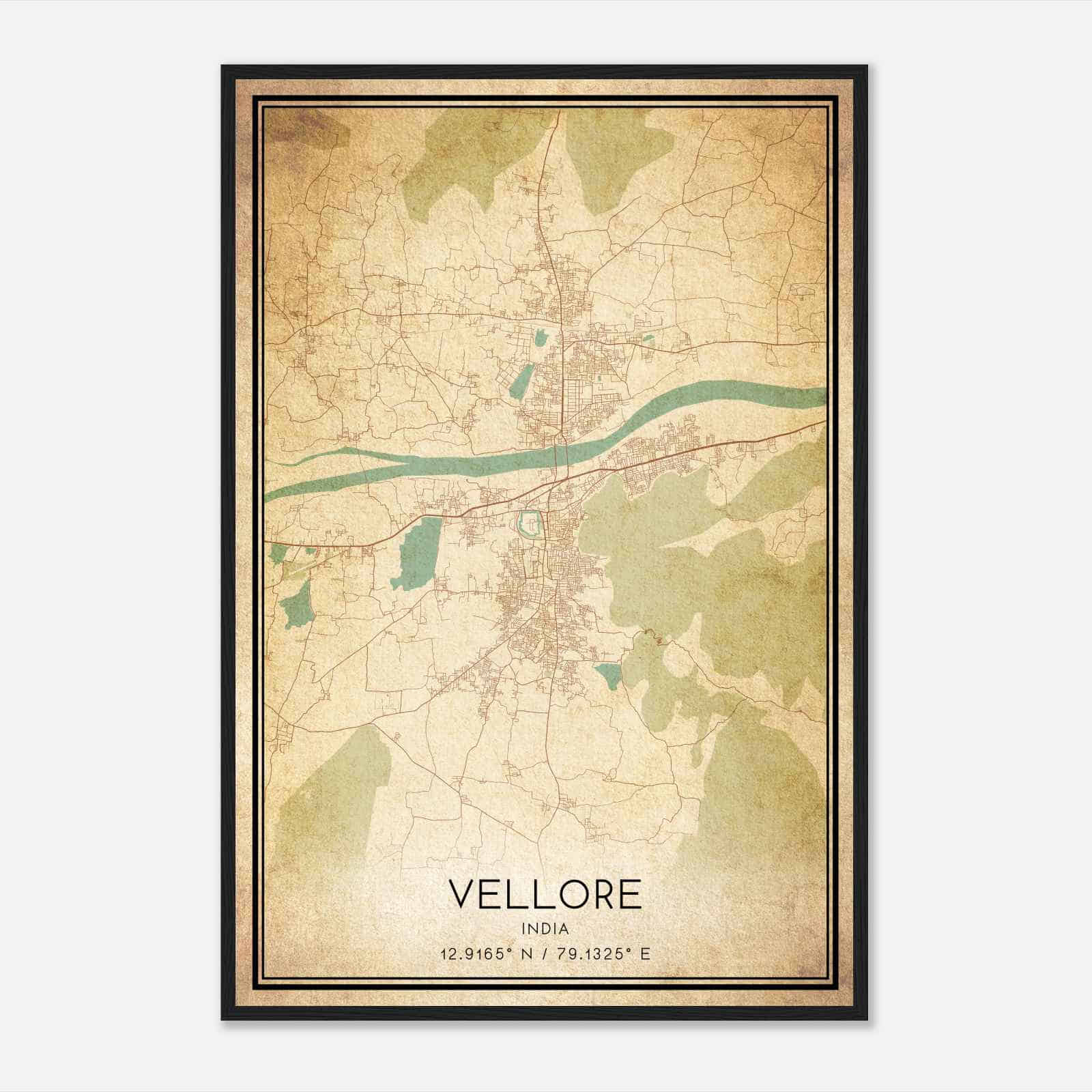 Vintage Vellore India Map Poster, Vellore City Road Wall Art Print