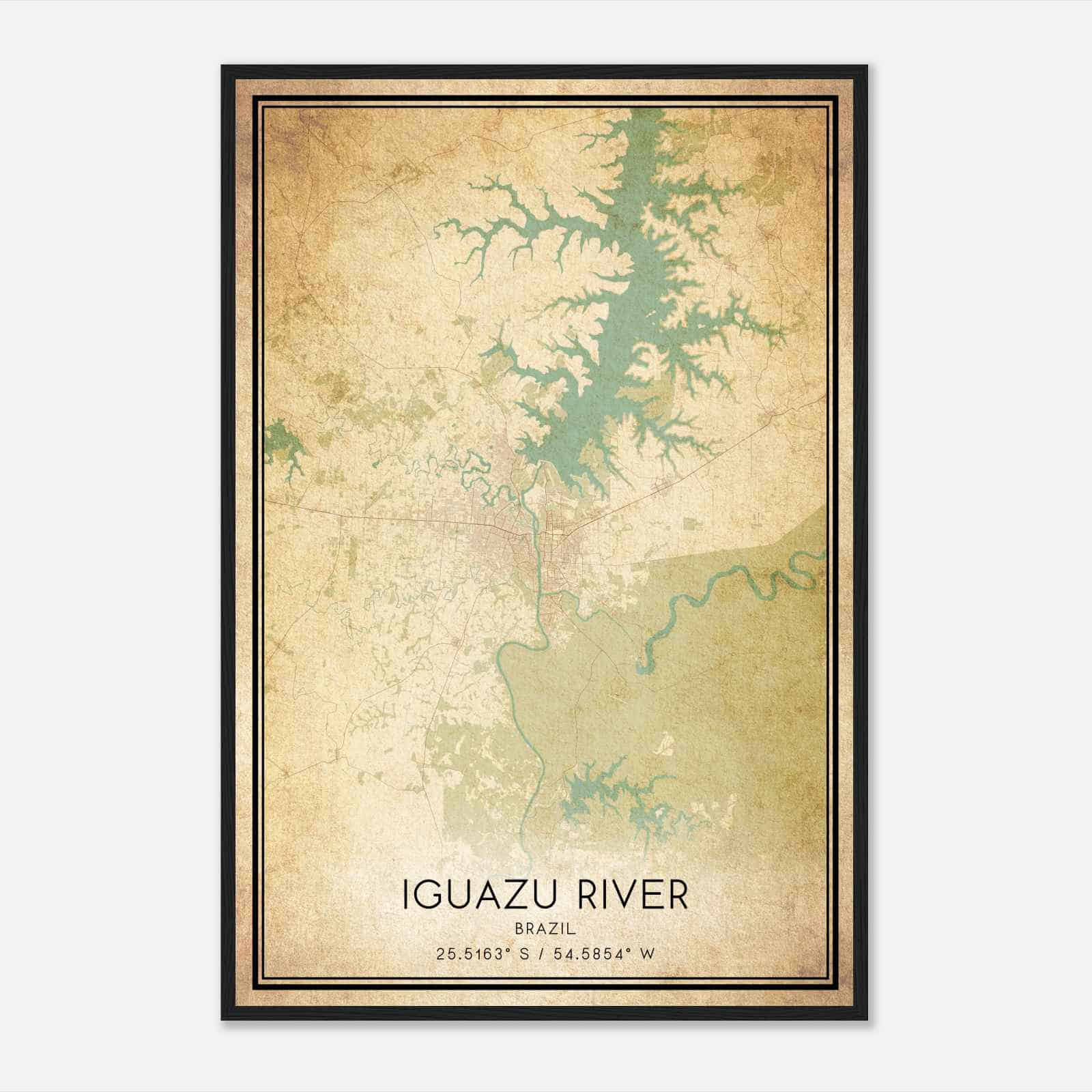 Vintage Iguazu River Brazil Map Poster, Iguazu River City Road Wall Art Print