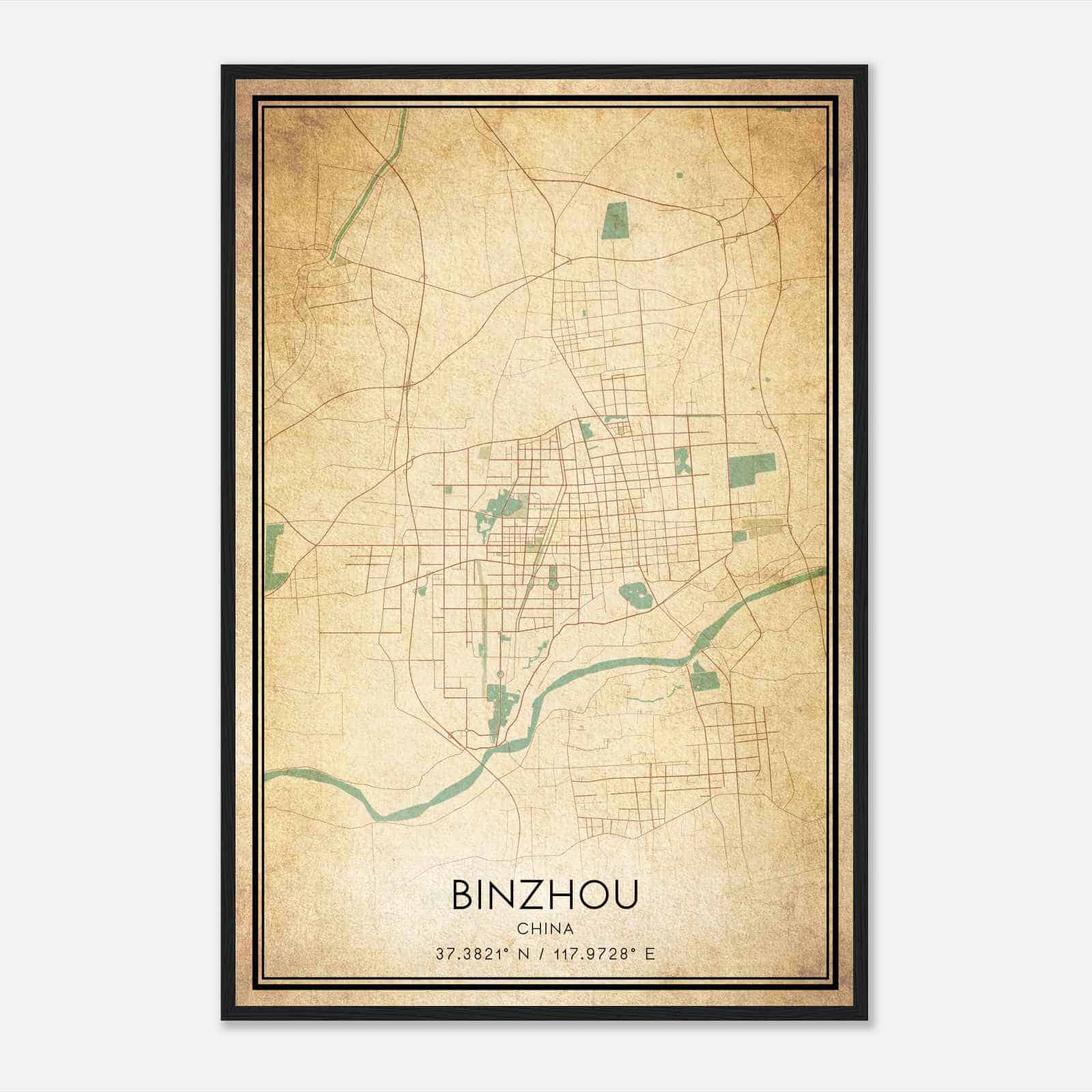 Vintage Binzhou China Map Poster, Binzhou City Road Wall Art Print