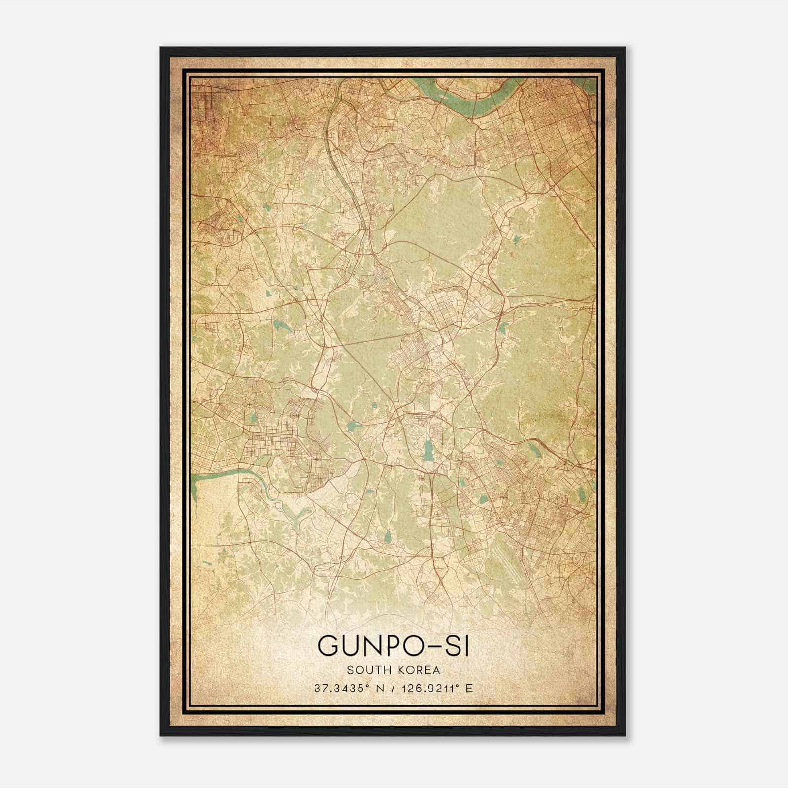 Vintage Gunposi South Korea Map Poster, Gunposi City Road Wall Art Print