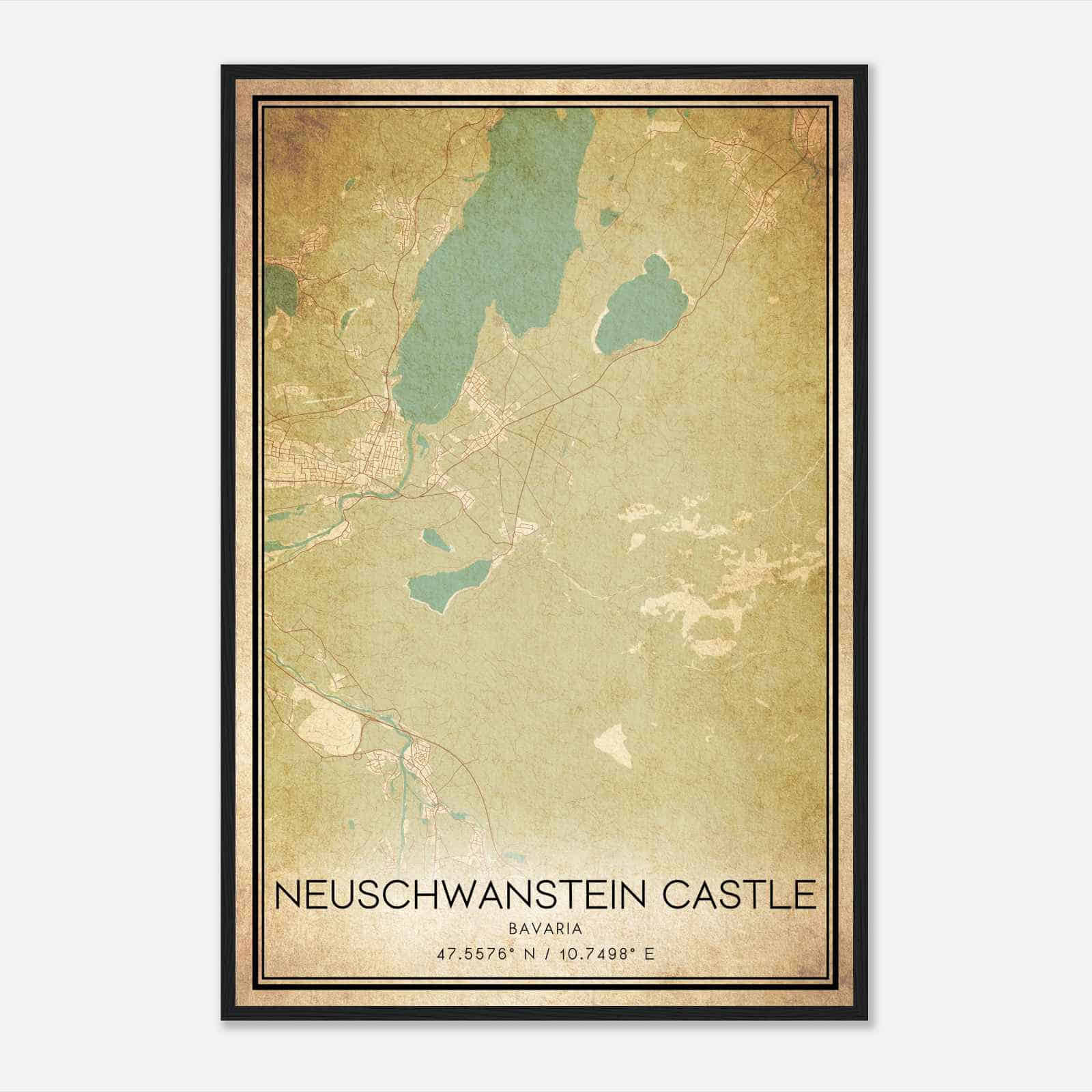 Vintage Neuschwanstein Castle Bavaria Map Poster, Neuschwanstein Castle City Road Wall Art Print