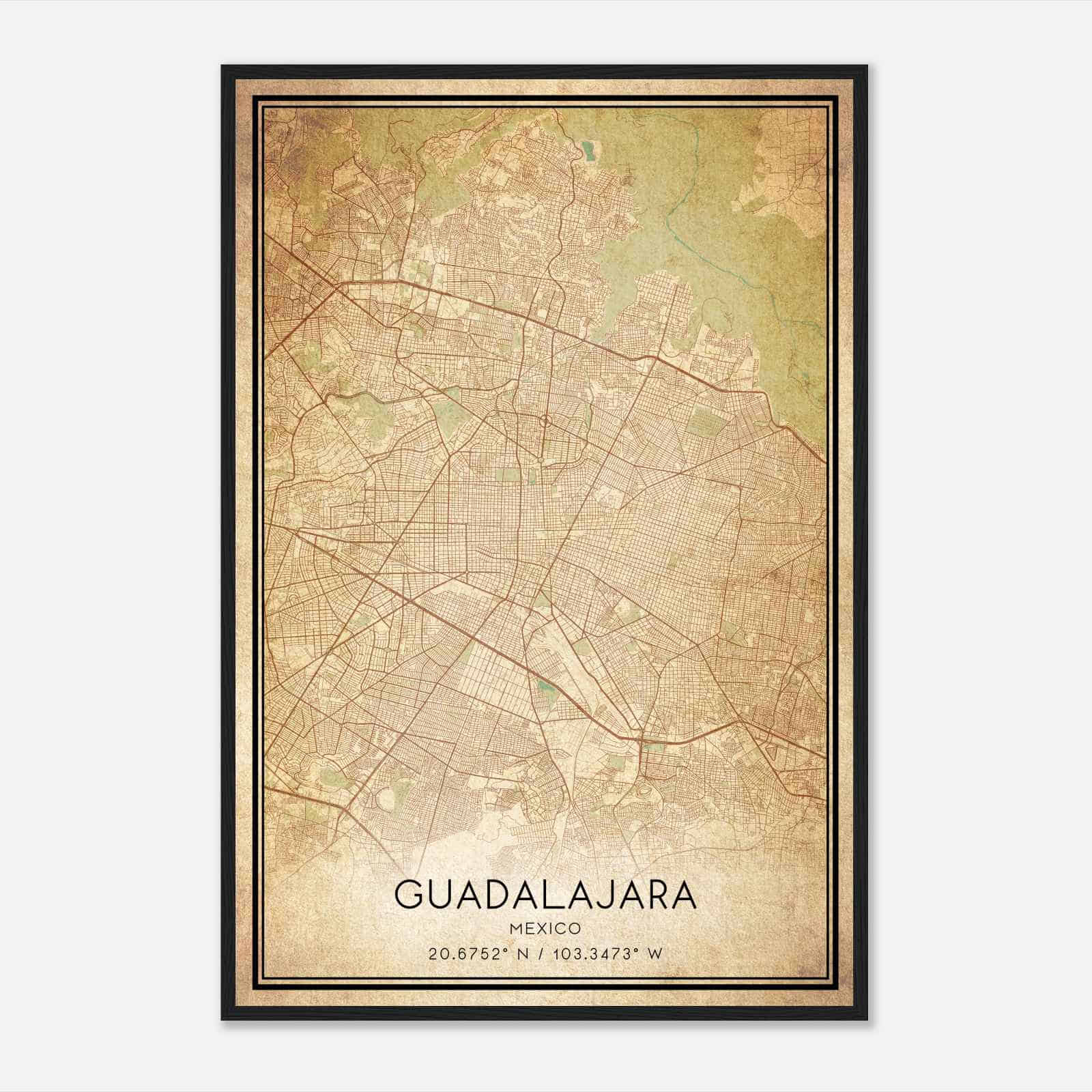 Vintage Guadalajara Mexico Map Poster, Guadalajara City Road Wall Art Print