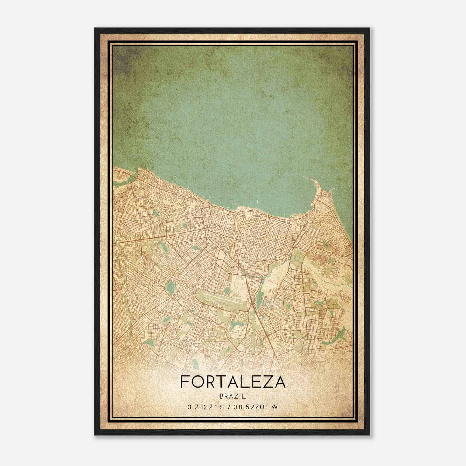 Vintage Fortaleza Brazil Map Poster, Fortaleza City Road Wall Art Print