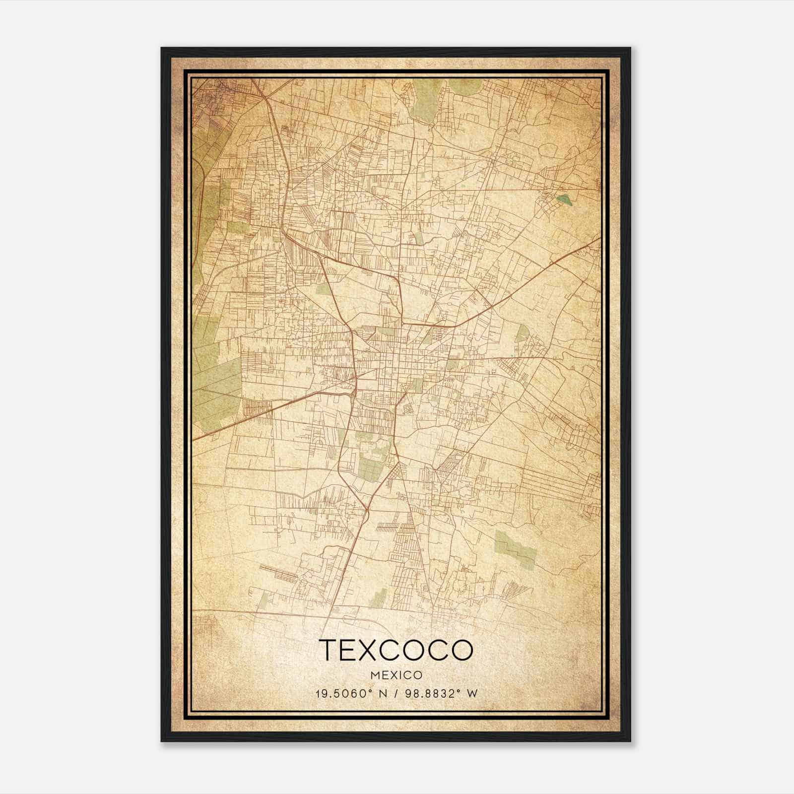 Vintage Texcoco Mexico Map Poster, Texcoco City Road Wall Art Print
