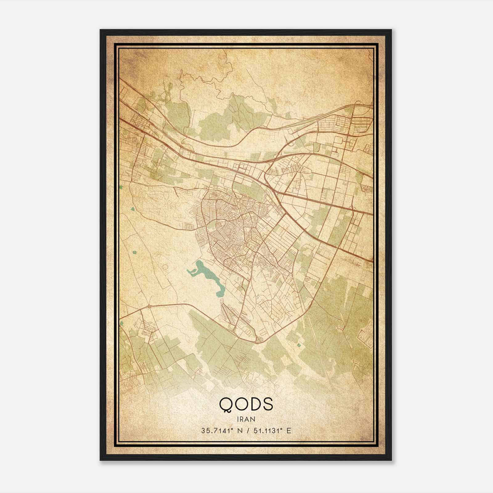 Vintage Qods Iran Map Poster, Qods City Road Wall Art Print