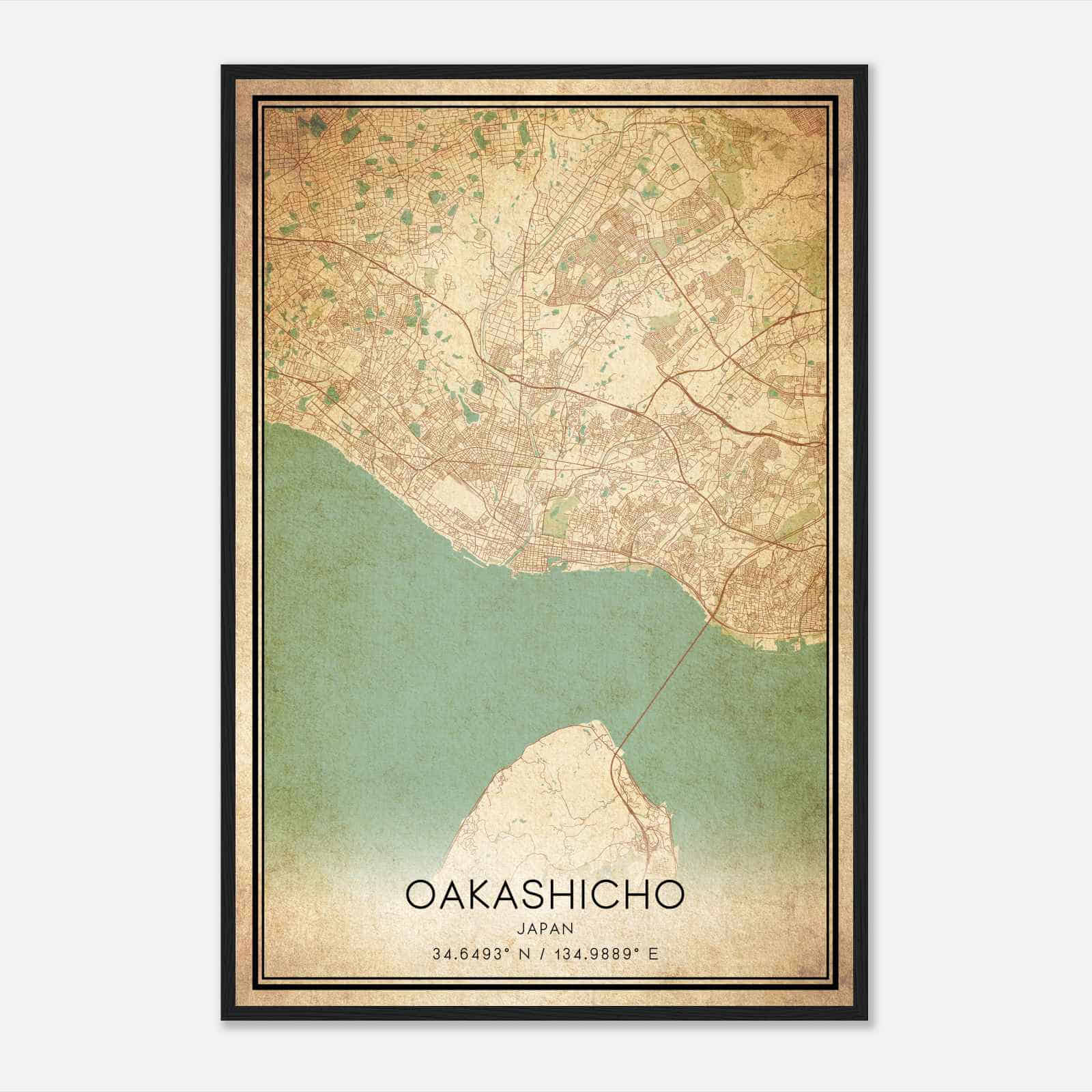 Vintage Oakashicho Japan Map Poster, Oakashicho City Road Wall Art Print
