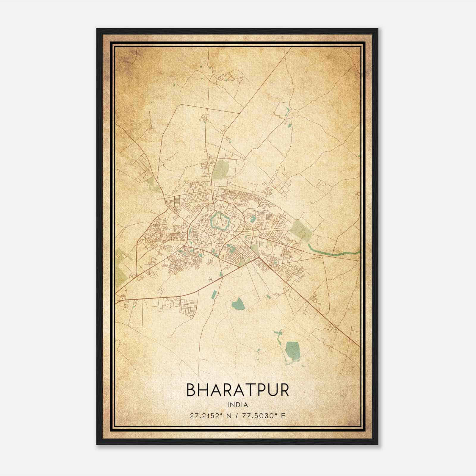 Vintage Bharatpur India Map Poster, Bharatpur City Road Wall Art Print