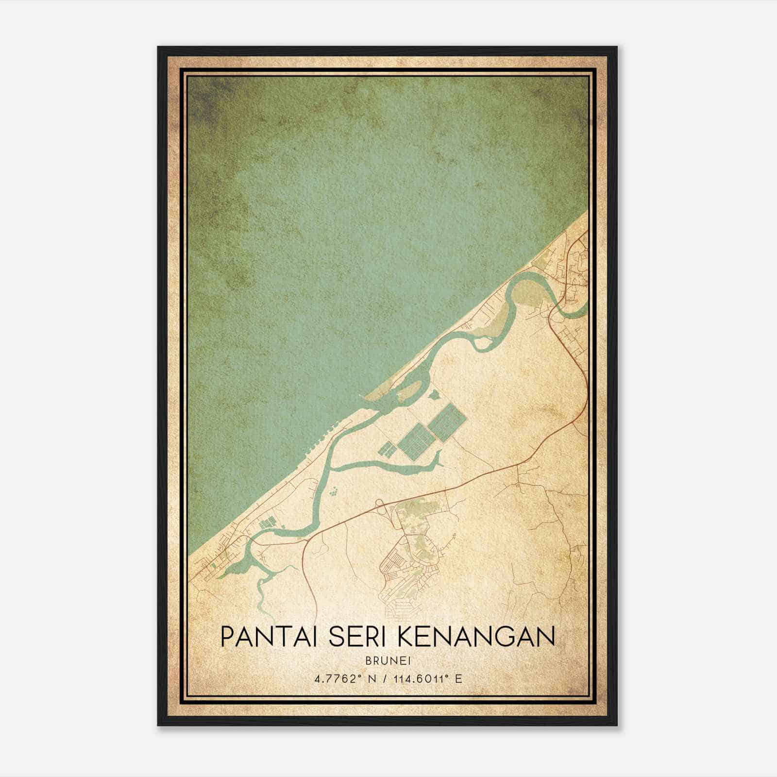 Vintage Pantai Seri Kenangan Brunei Map Poster, Pantai Seri Kenangan City Road Wall Art Print