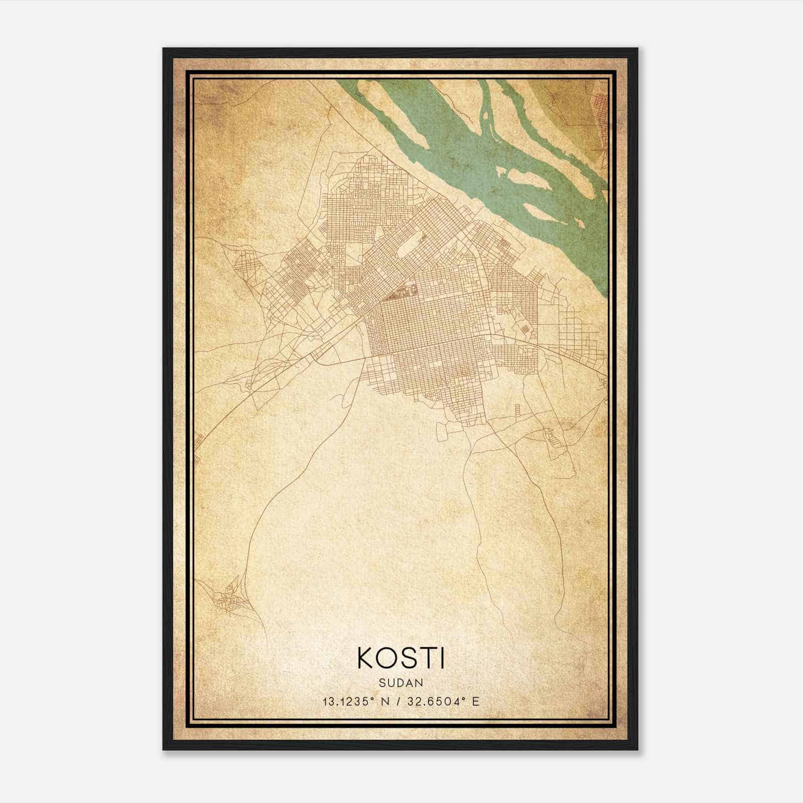Vintage Kosti Sudan Map Poster, Kosti City Road Wall Art Print