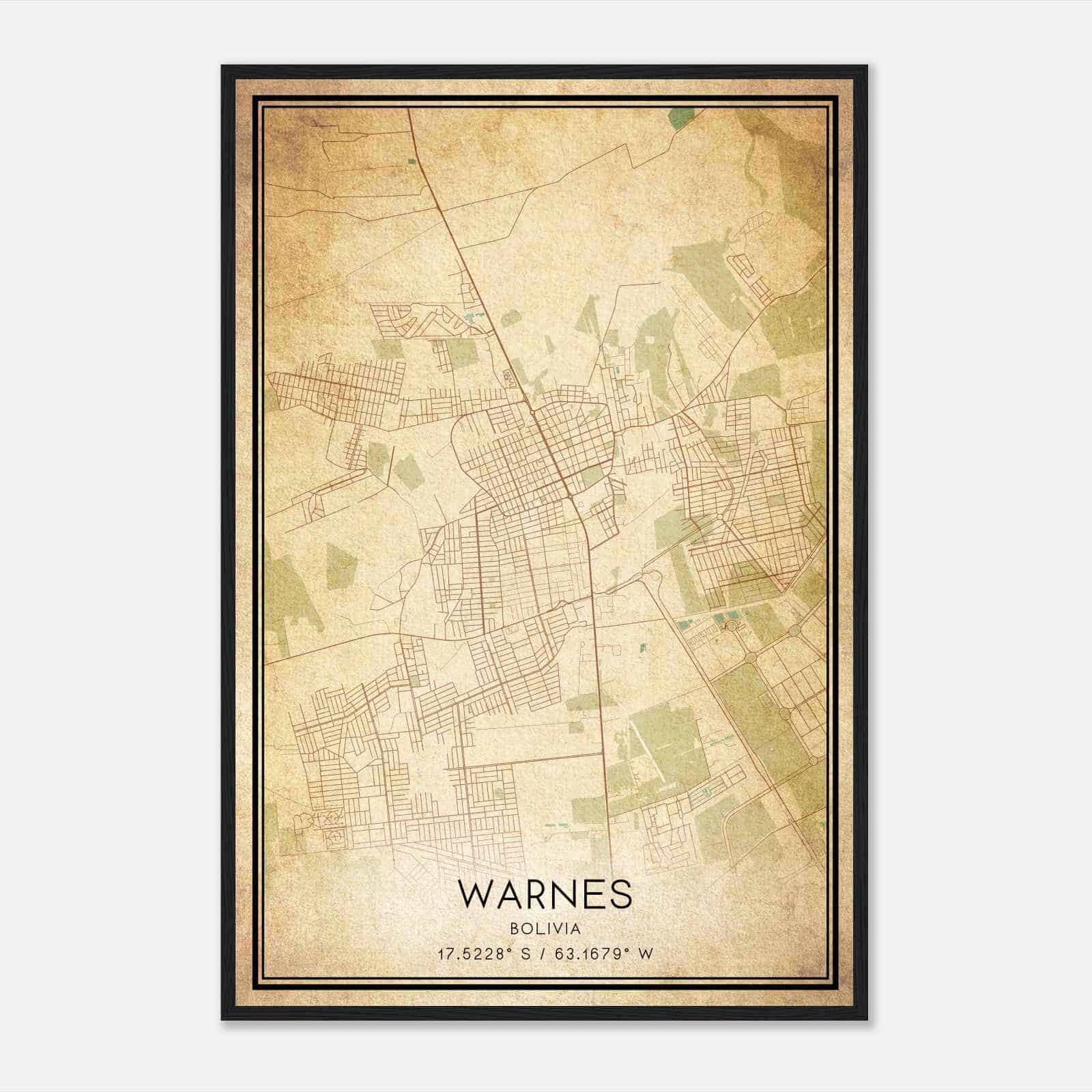 Vintage Warnes Bolivia Map Poster, Warnes City Road Wall Art Print