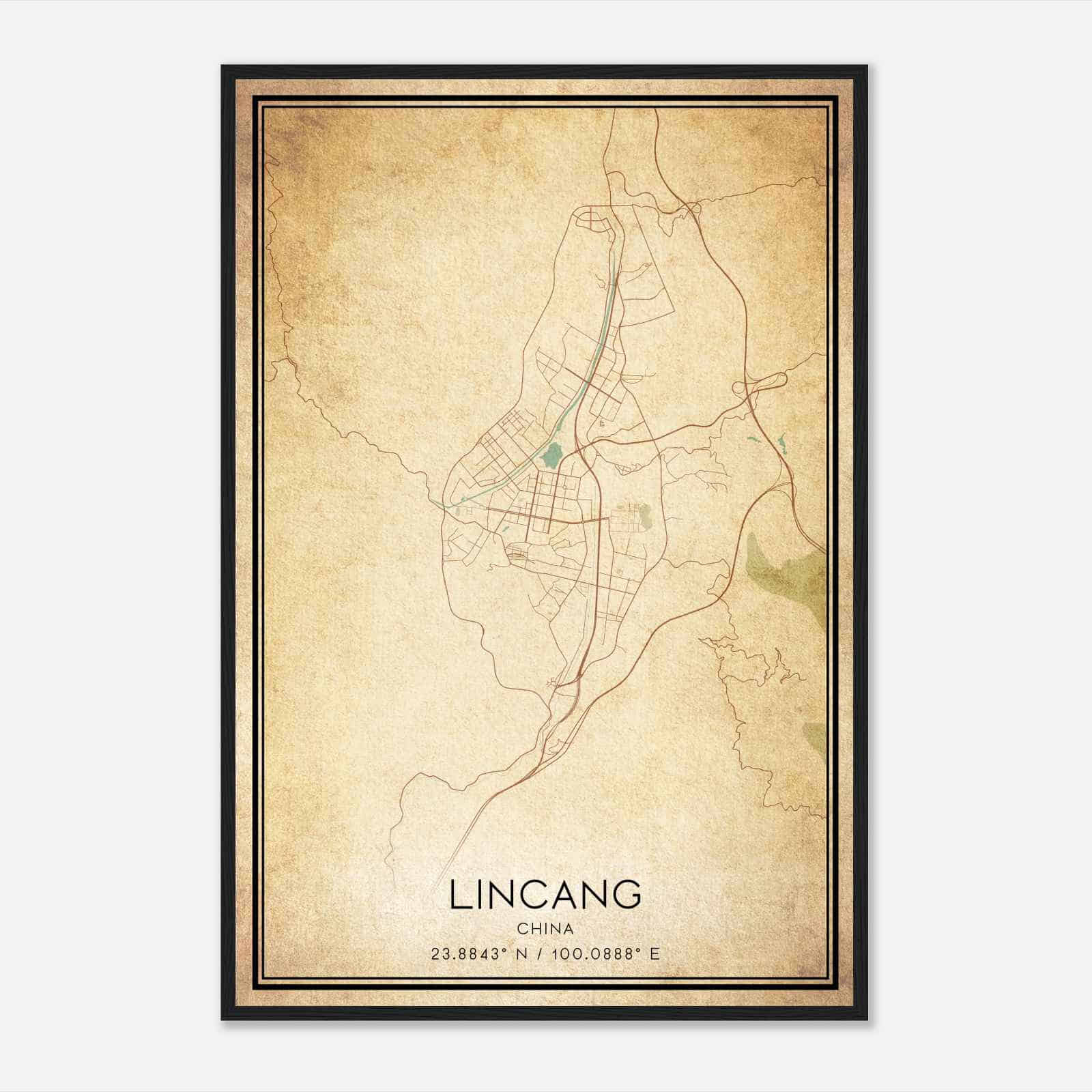 Vintage Lincang China Map Poster, Lincang City Road Wall Art Print
