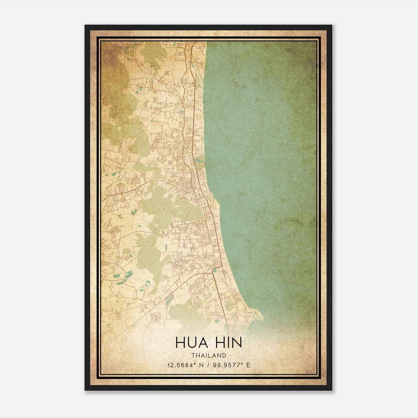 Vintage Hua Hin Thailand Map Poster, Hua Hin City Road Wall Art Print