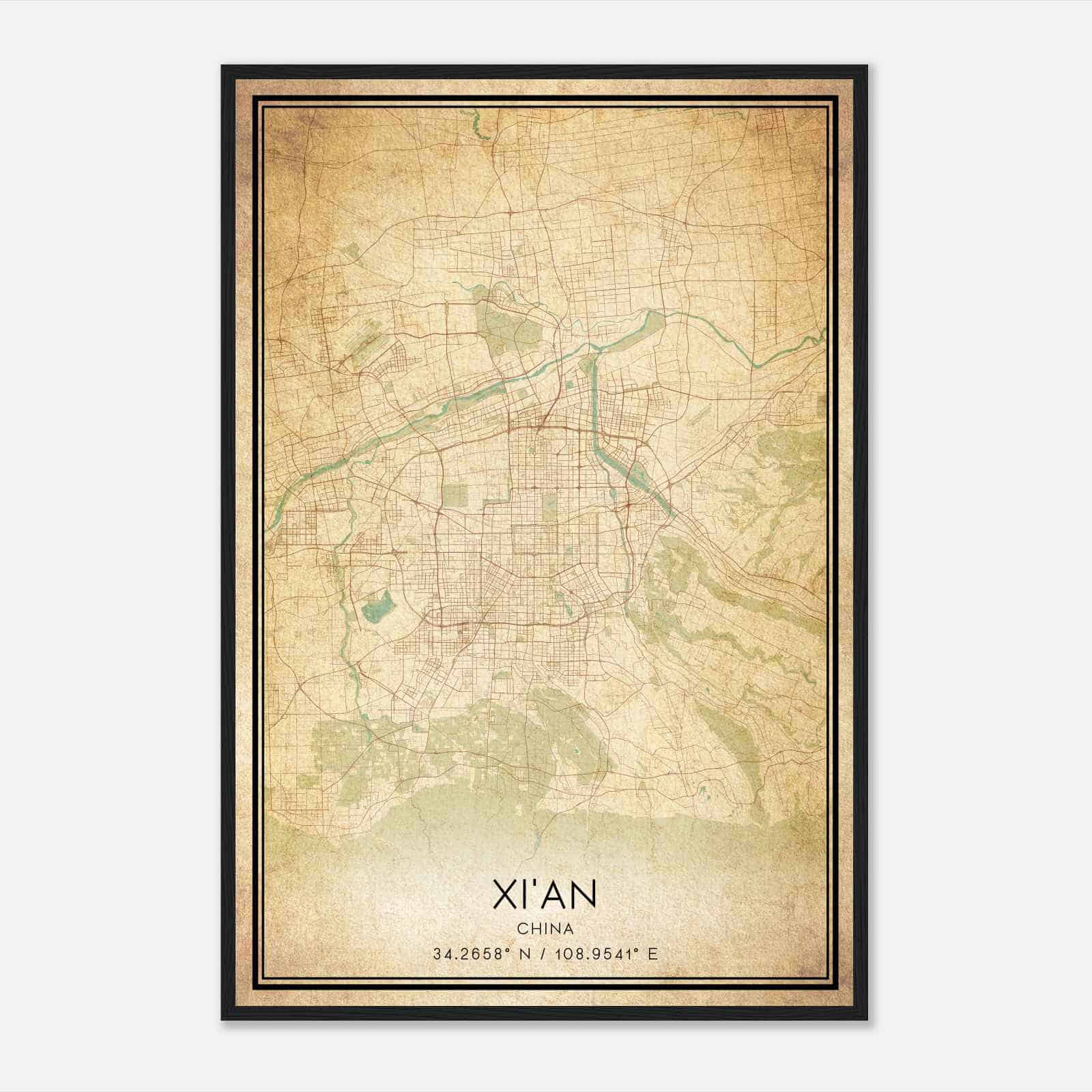 Vintage XiAn China Map Poster, XiAn City Road Wall Art Print