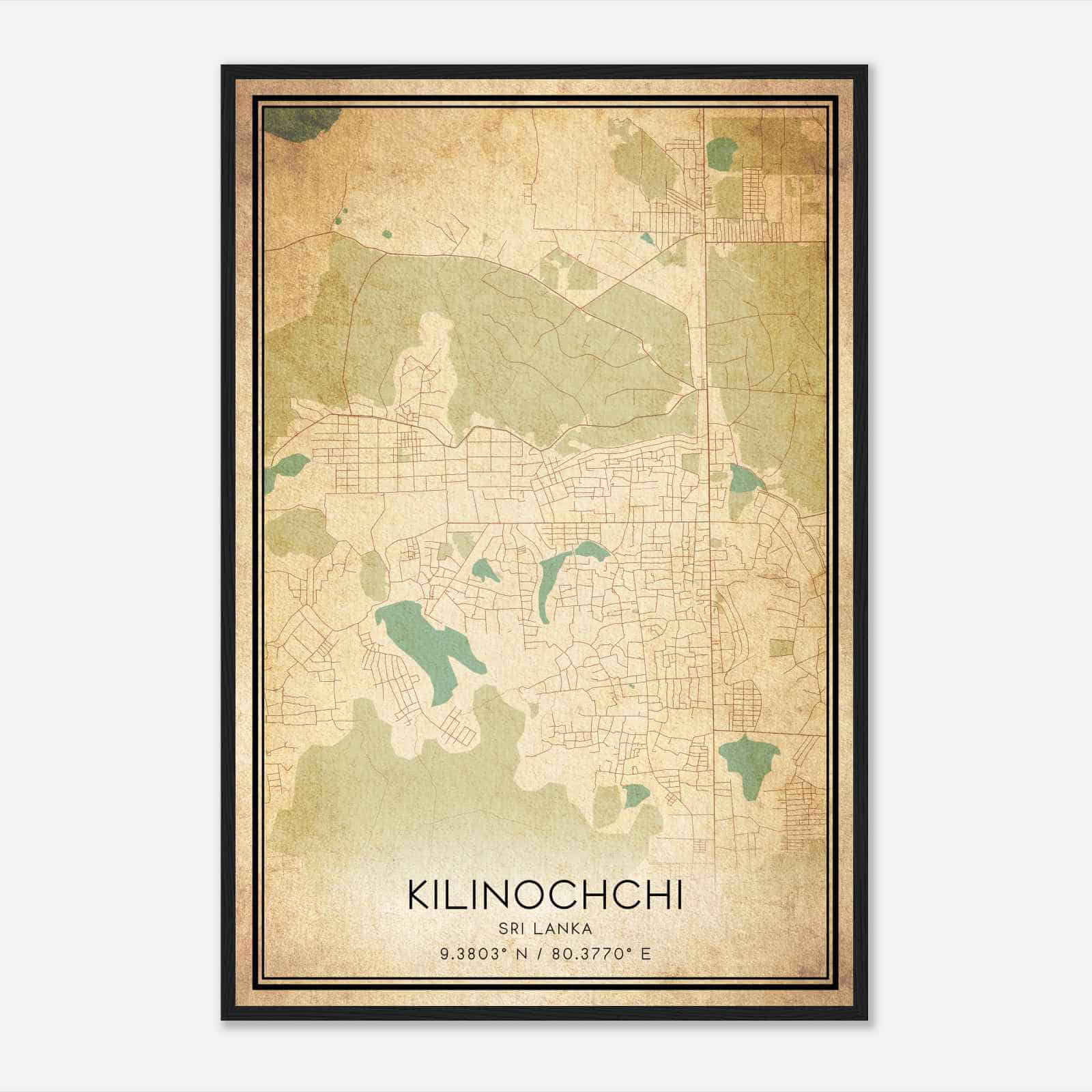 Vintage Kilinochchi Sri Lanka Map Poster, Kilinochchi City Road Wall Art Print
