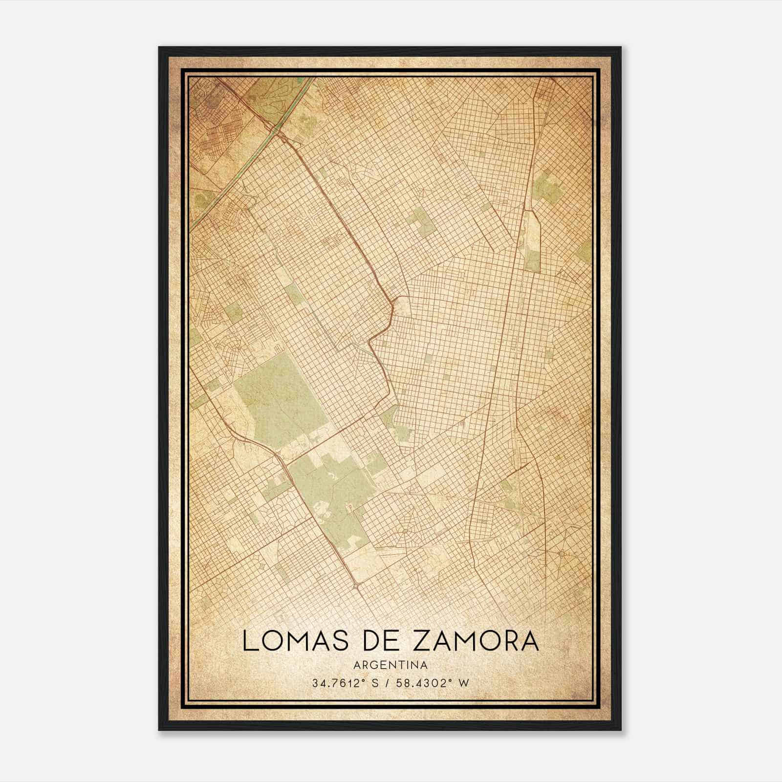 Vintage Lomas de Zamora Argentina Map Poster, Lomas de Zamora City Road Wall Art Print
