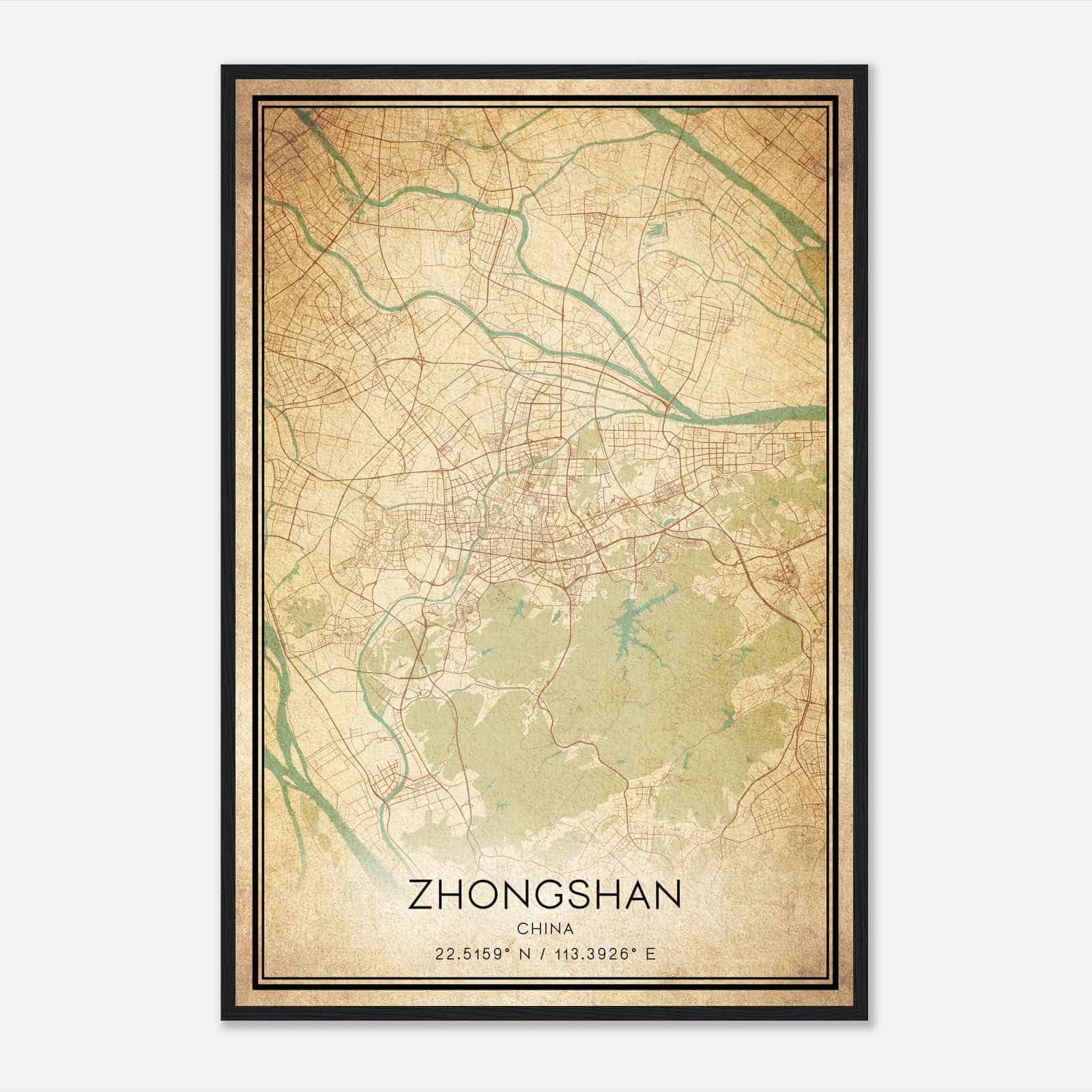 Vintage Zhongshan China Map Poster, Zhongshan City Road Wall Art Print
