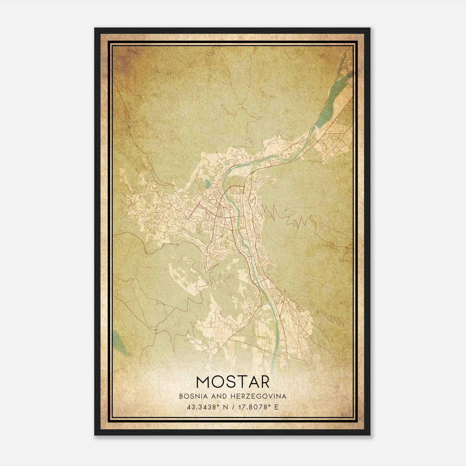 Vintage Mostar Bosnia And Herzegovina Map Poster, Mostar City Road Wall Art Print