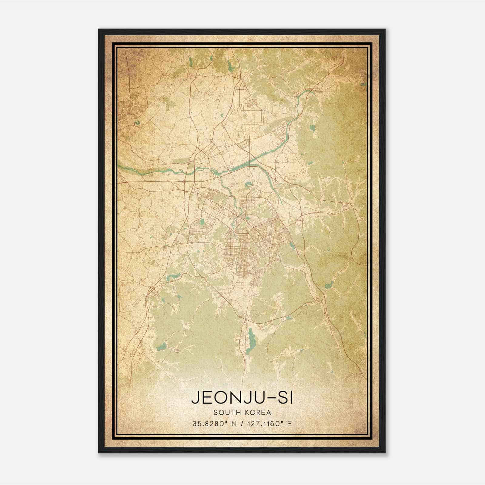 Vintage Jeonjusi South Korea Map Poster, Jeonjusi City Road Wall Art Print