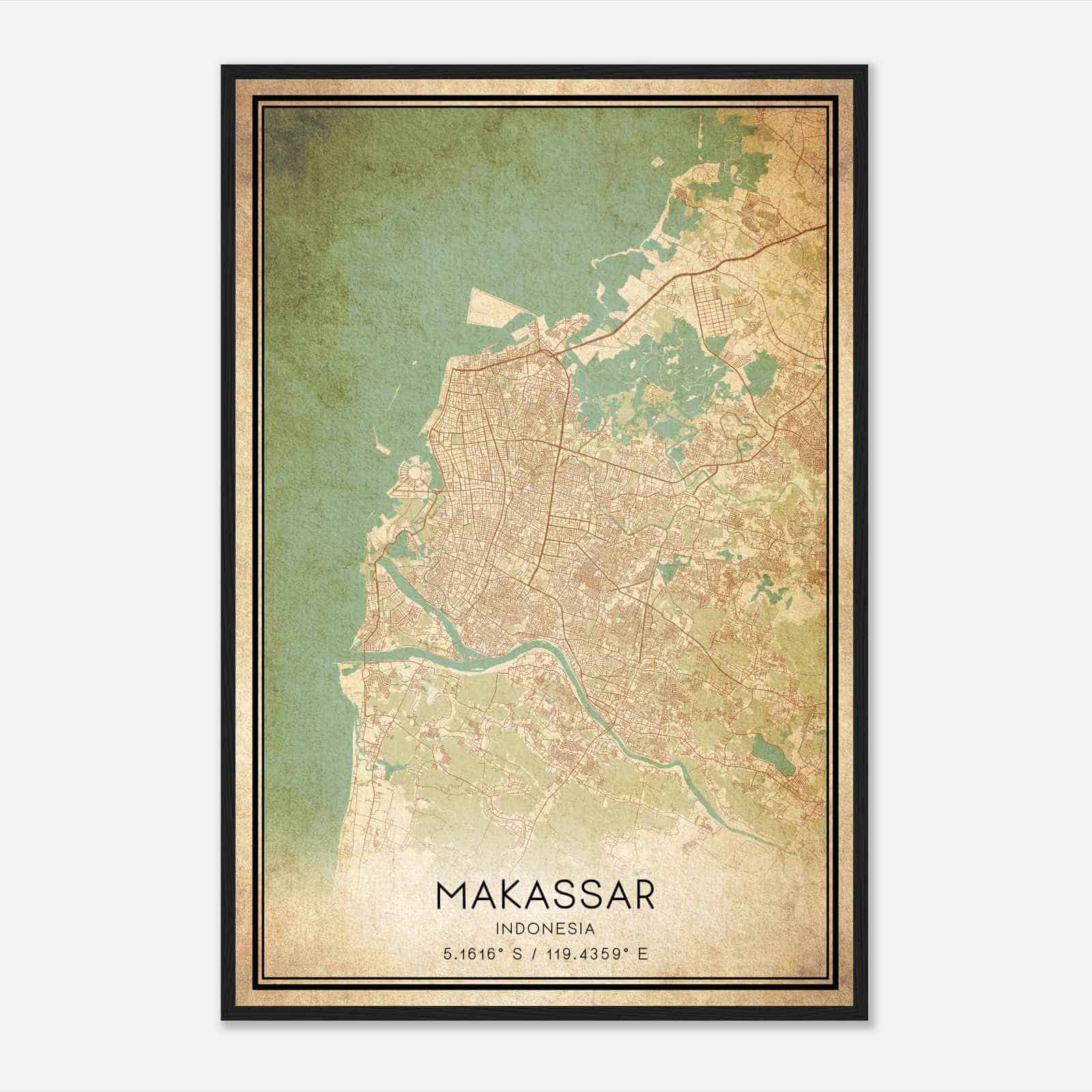 Vintage Makassar Indonesia Map Poster, Makassar City Road Wall Art Print
