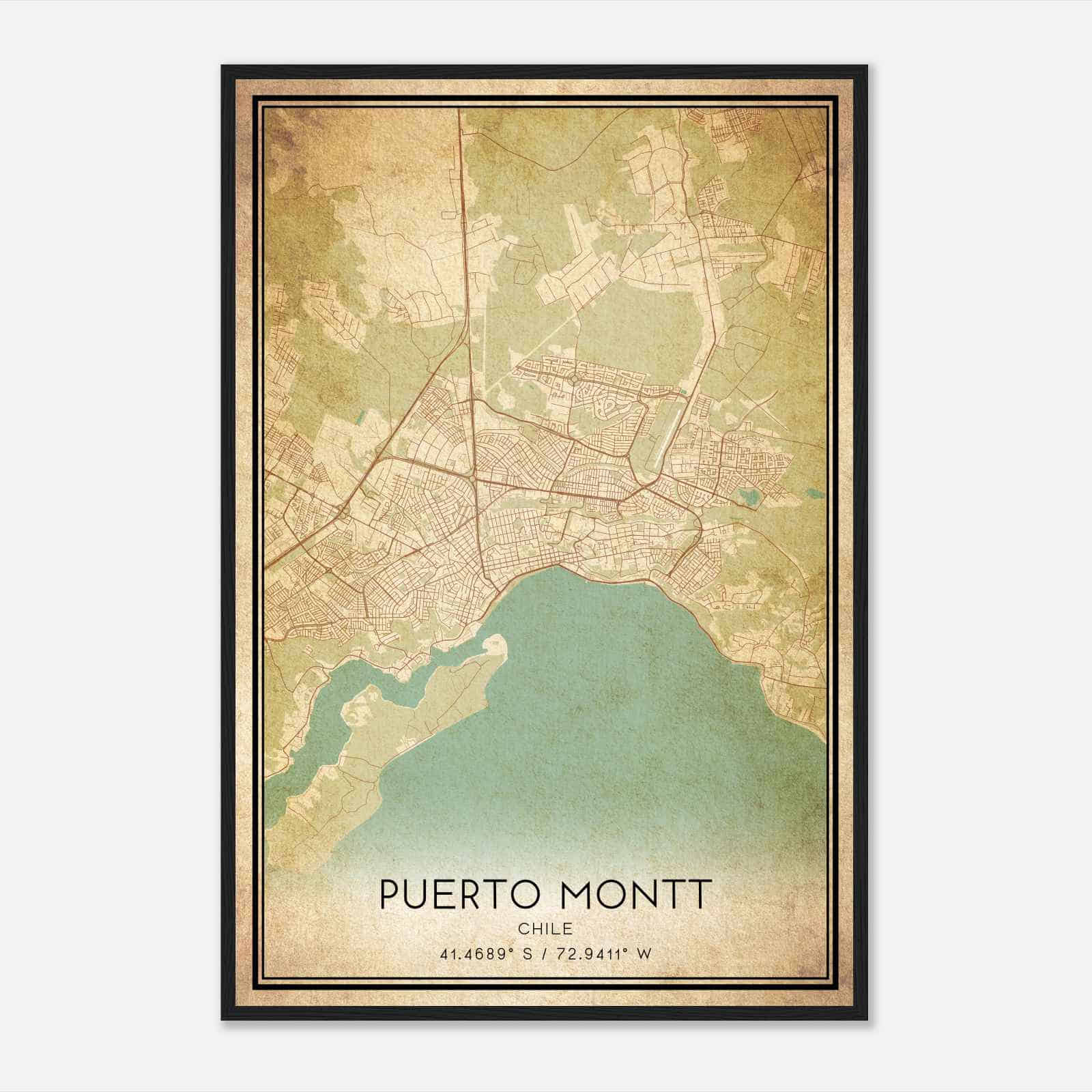 Vintage Puerto Montt Chile Map Poster, Puerto Montt City Road Wall Art Print