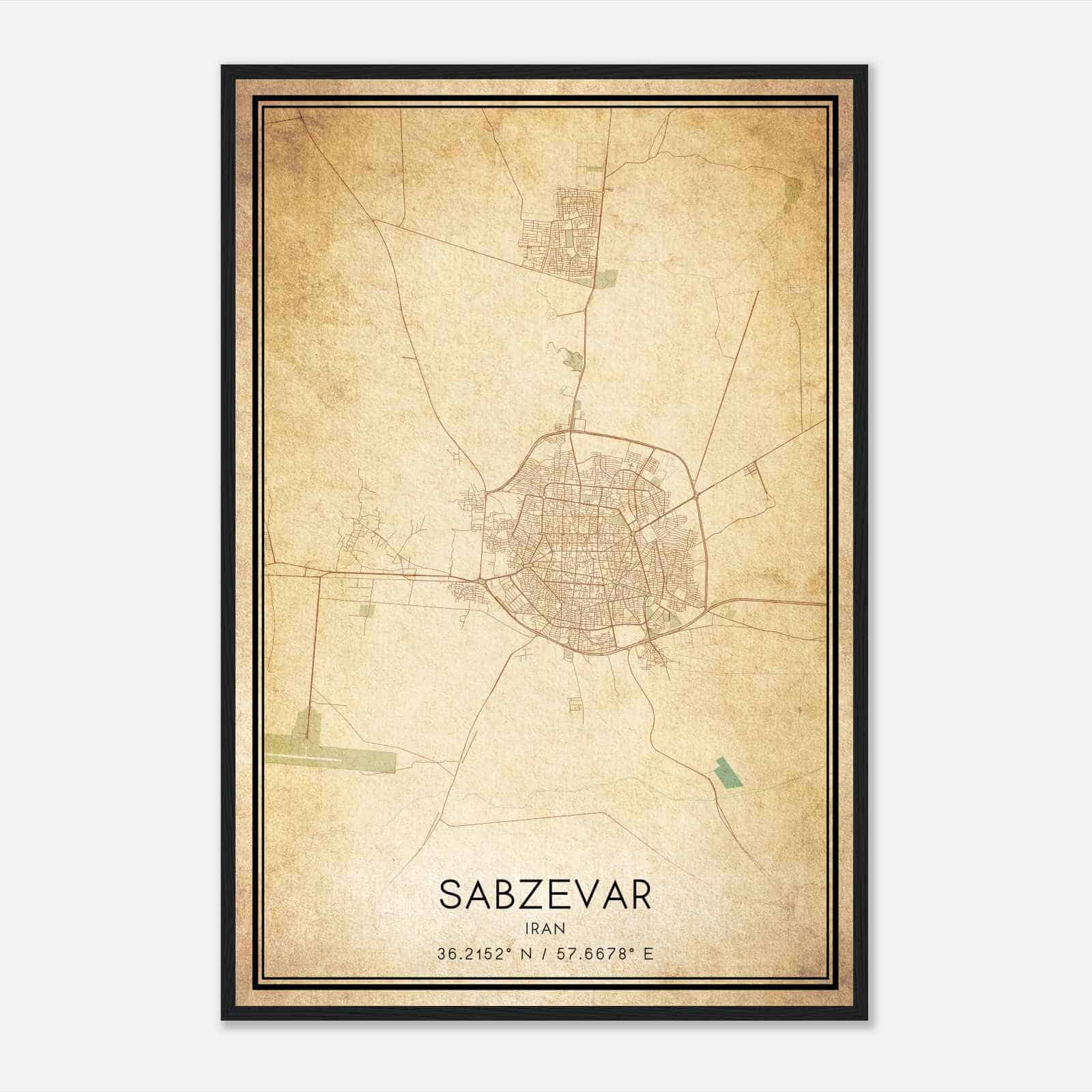 Vintage Sabzevar Iran Map Poster, Sabzevar City Road Wall Art Print